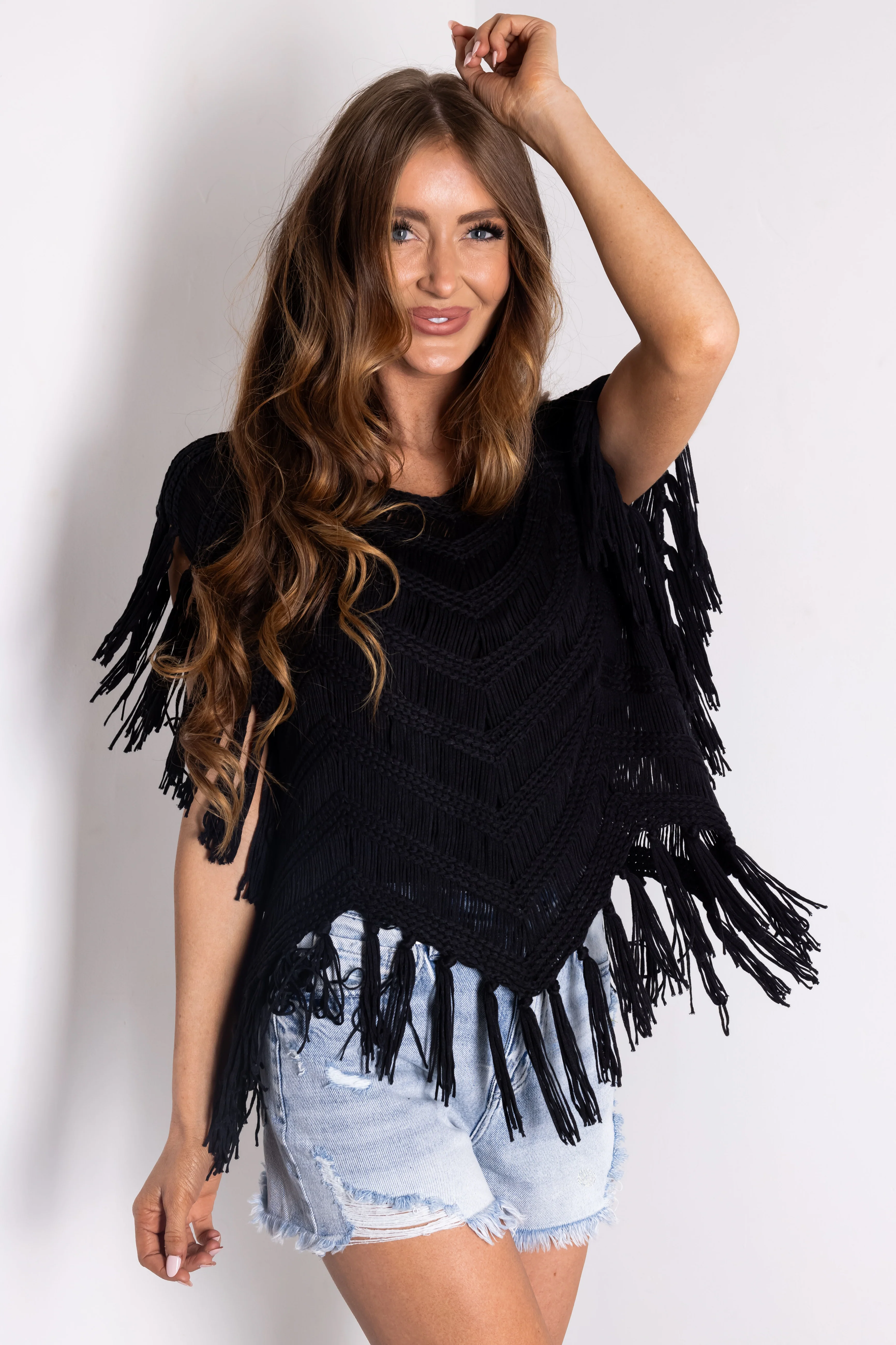 Black Chenille Crochet Fringe Oversized Top - LD SALE