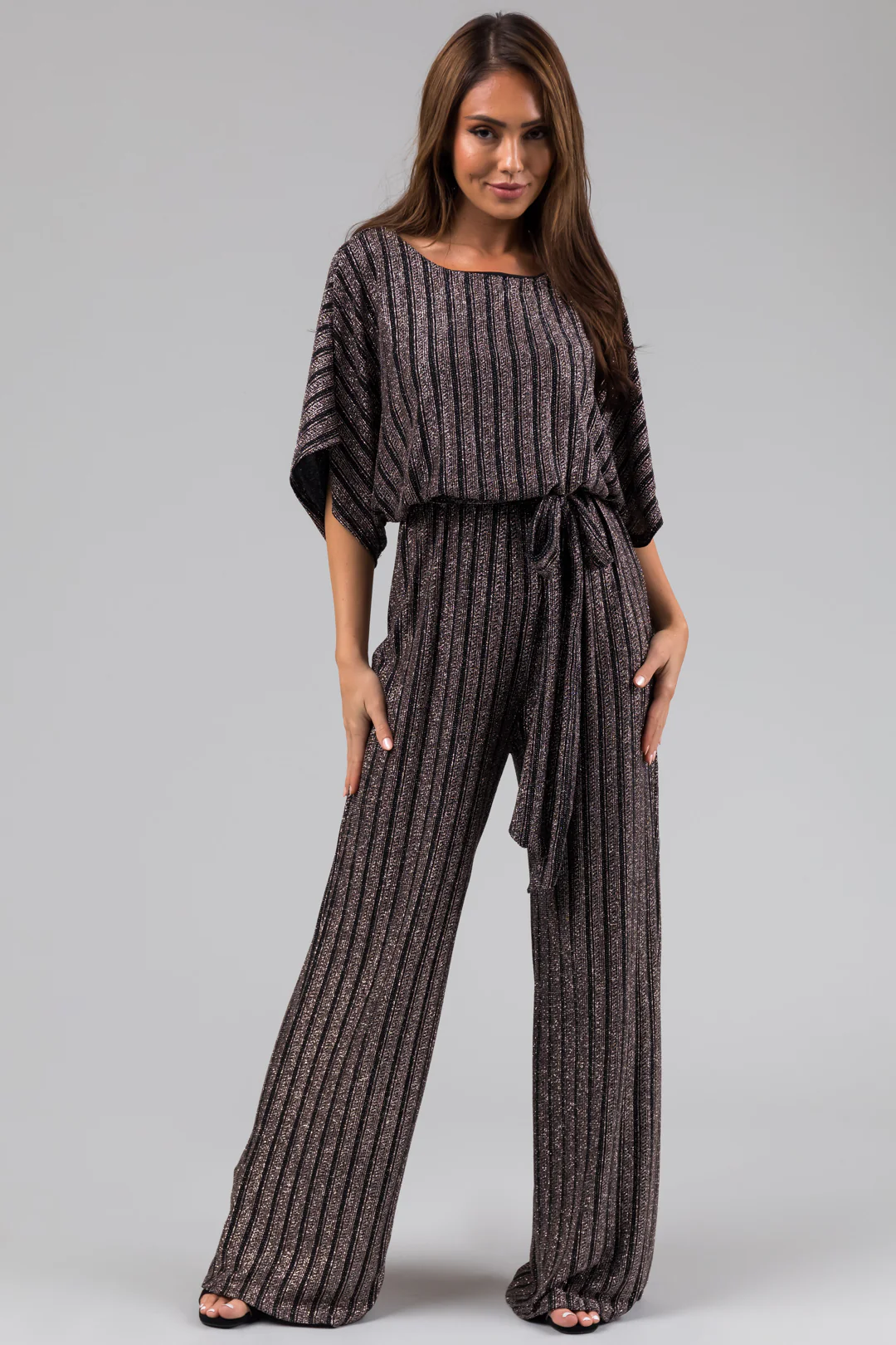 Black and Champagne Glitter Waist Tied Jumpsuit - LD SALE