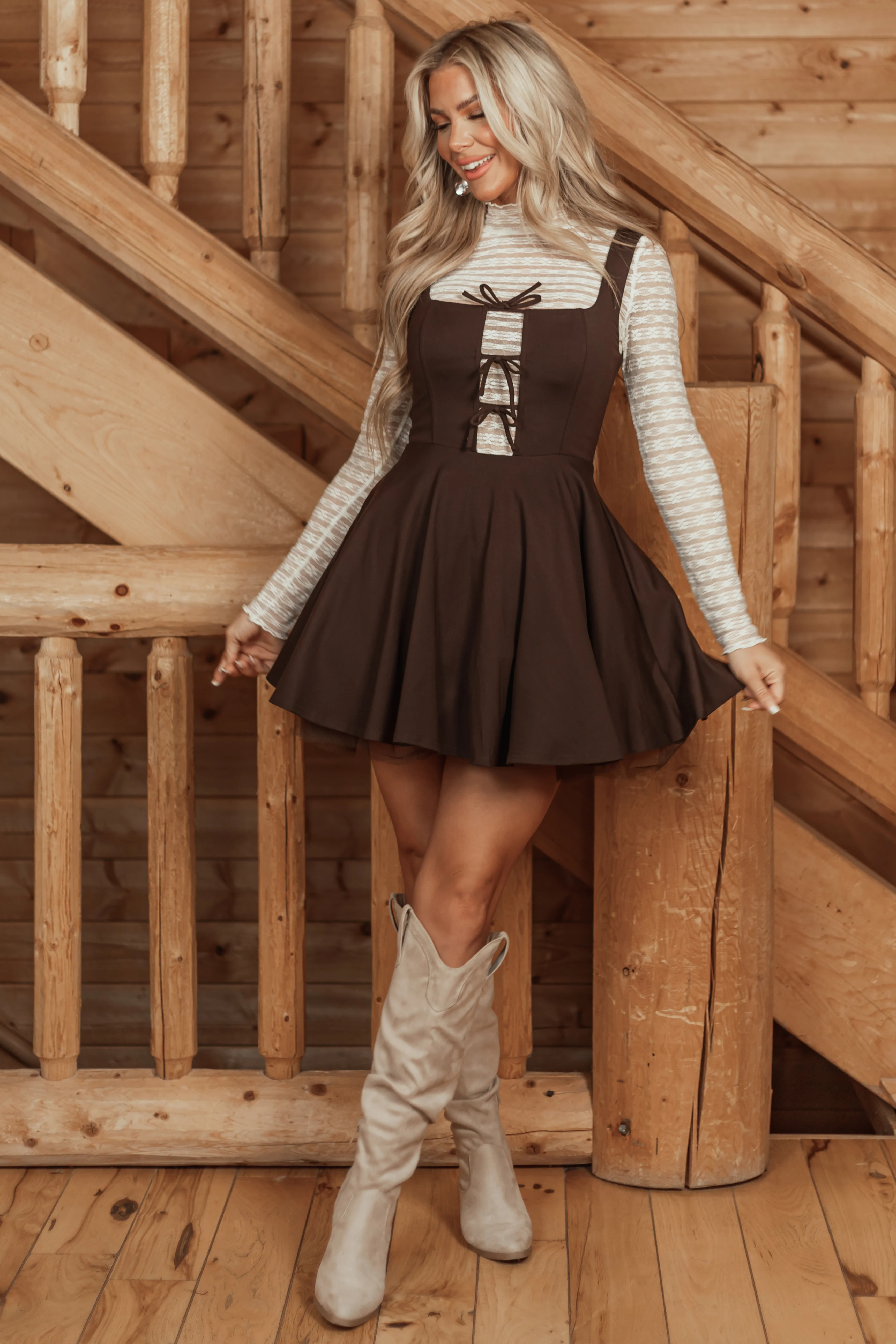 Chocolate Sleeveless Tie Front Mini Dress - LD SALE