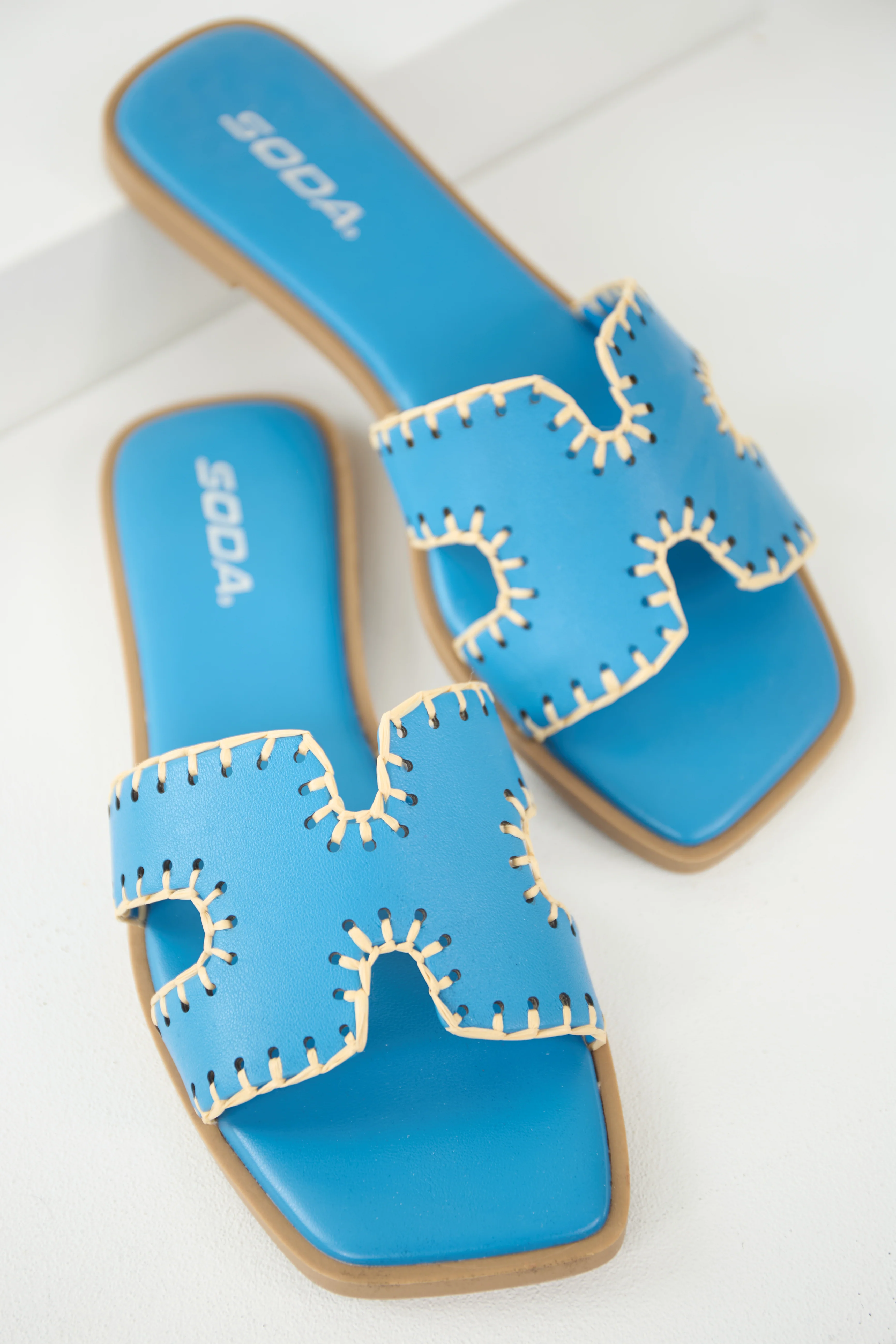 Azure Straw Trim Cut Out Strap Slide Sandals - LD SALE