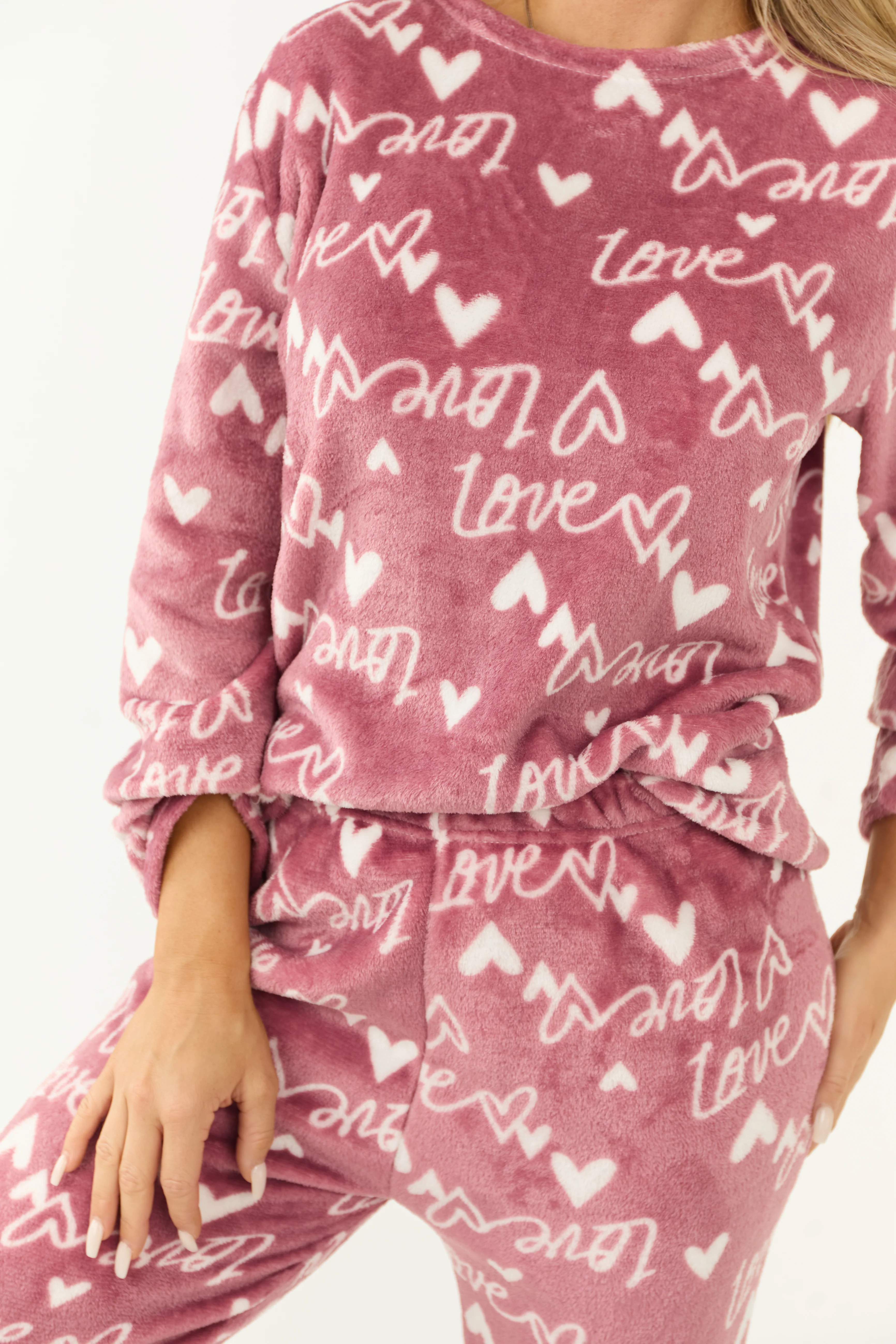 Dusty Blush Heart Love Print 2 Piece Soft Pajama Set - LD SALE