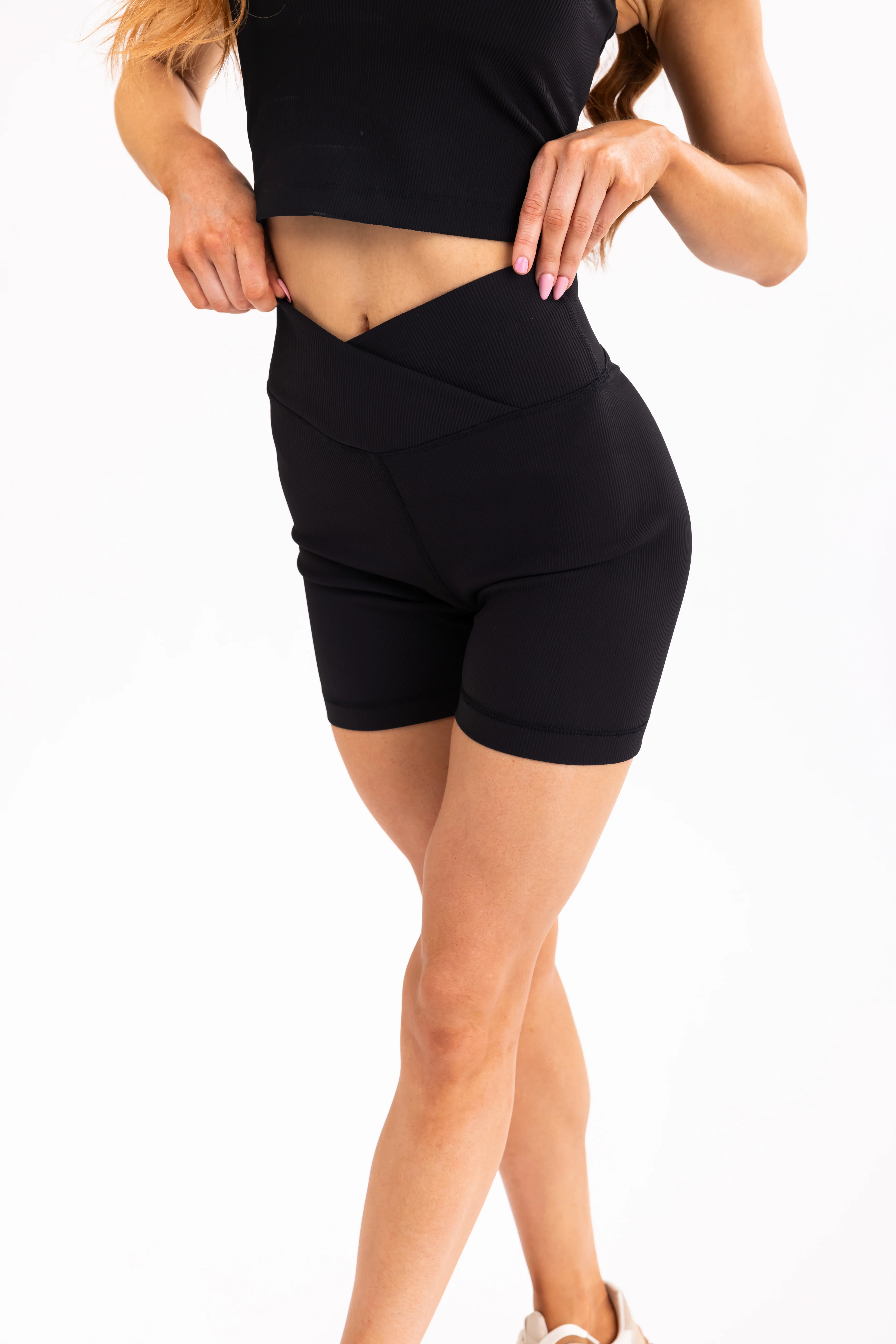 Black Crossover Ribbed Biker Shorts - LD SALE