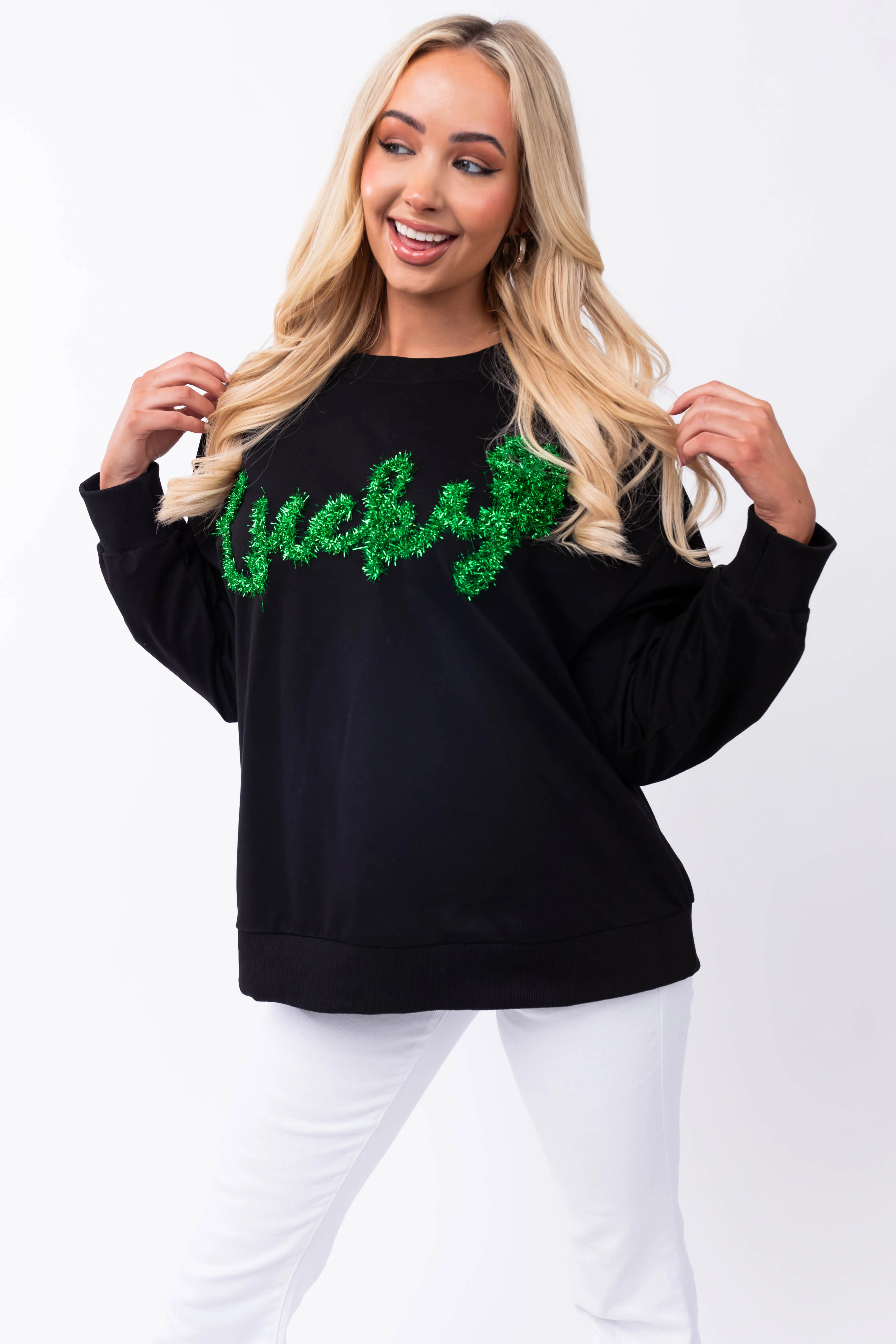 Black 'Lucky' Tinsel Lettering Pullover Top - LD SALE