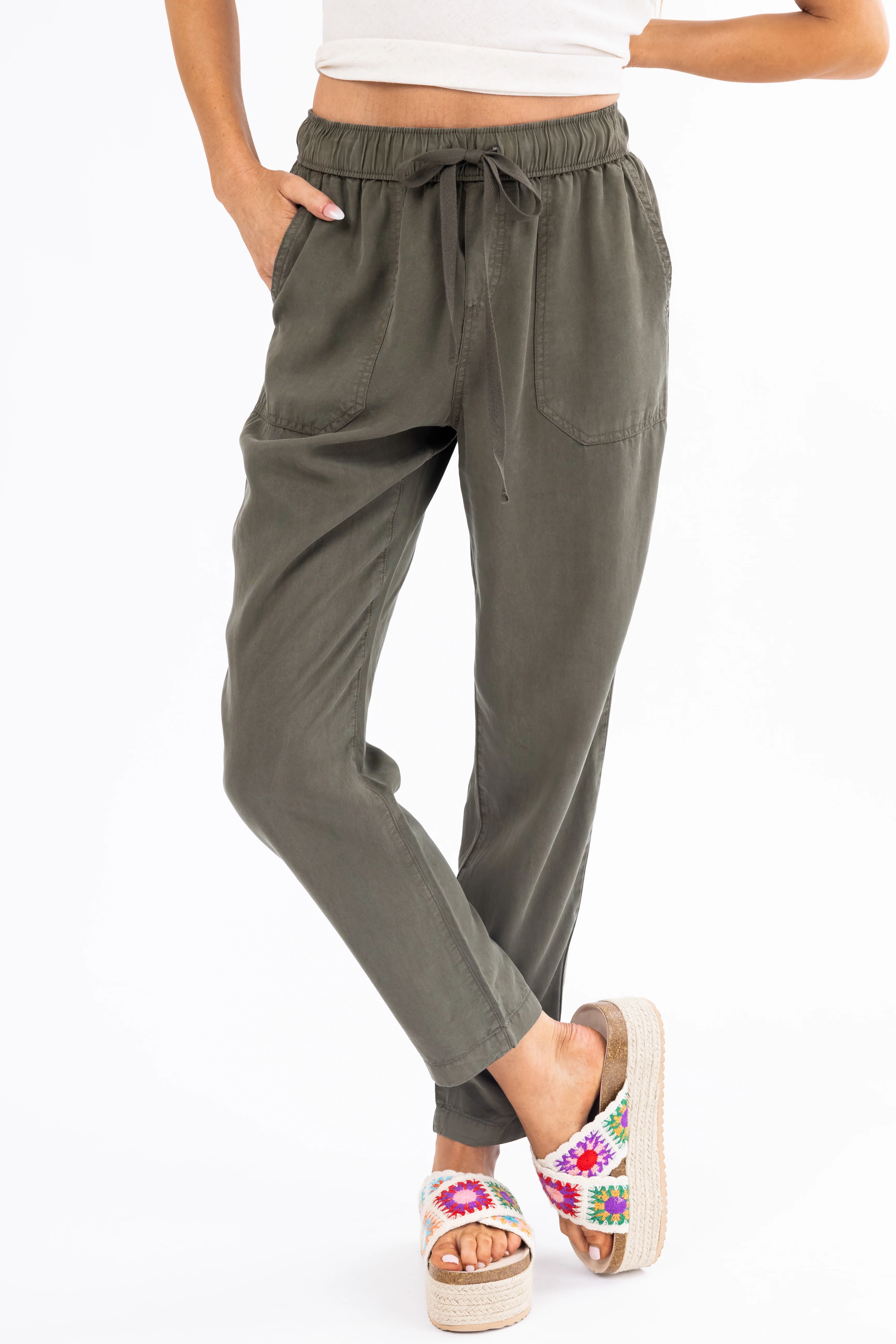 Army Green Straight Leg Drawstring Soft Pants - LD SALE