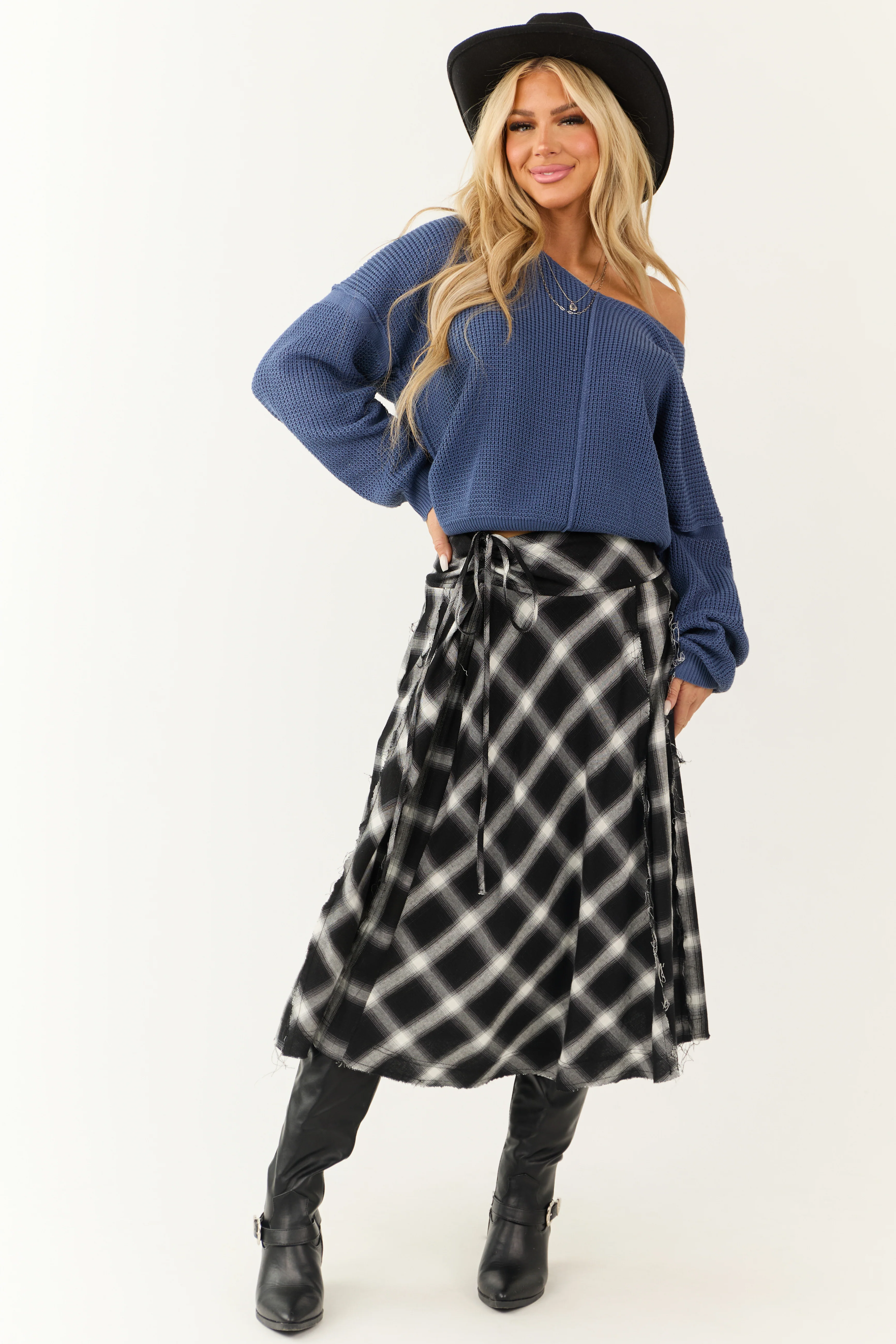 Black and Ivory Plaid Raw Hem Midi Skirt - LD SALE