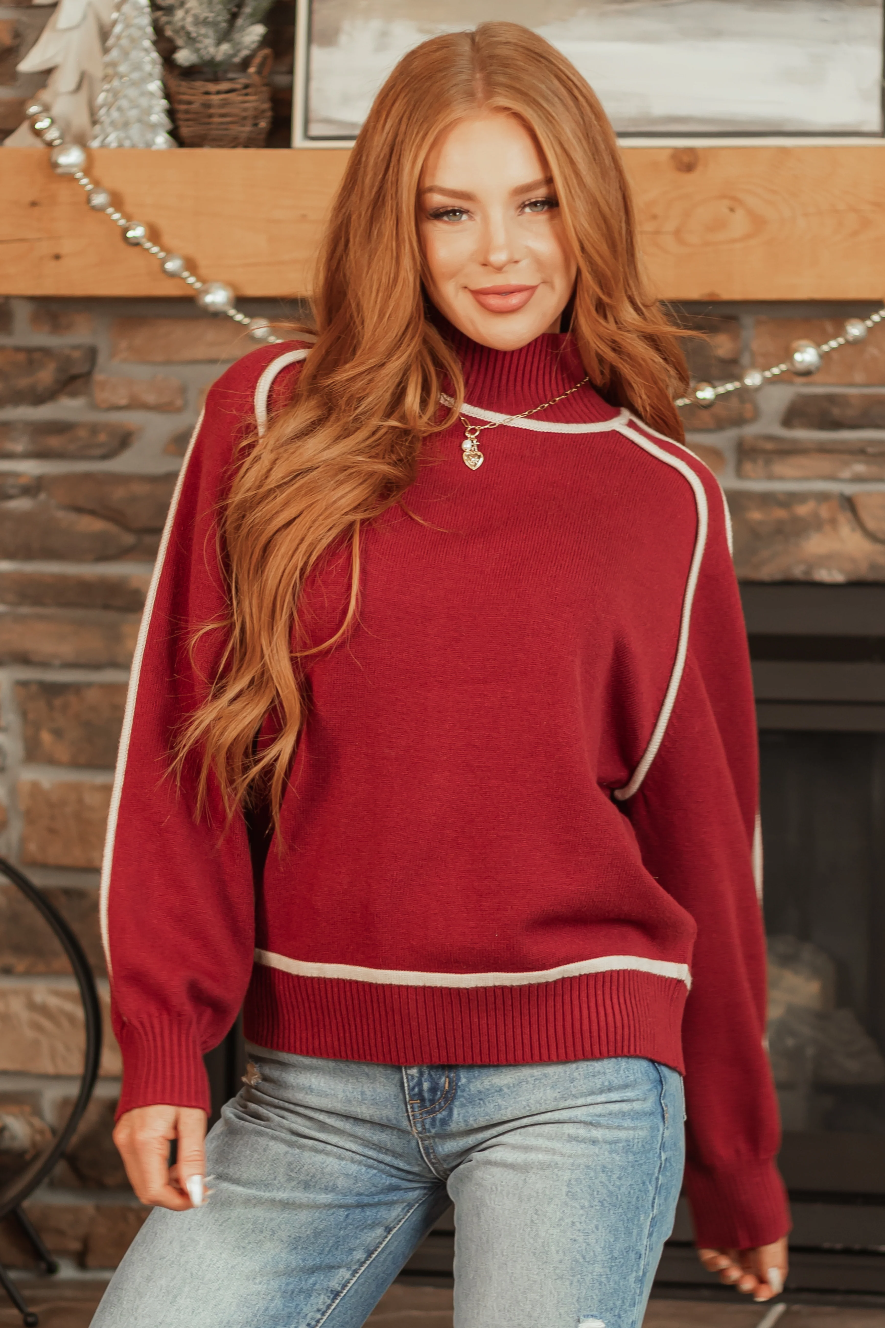 Wine Contrast Ivory Trim Mock Neck Sweater - LD SALE