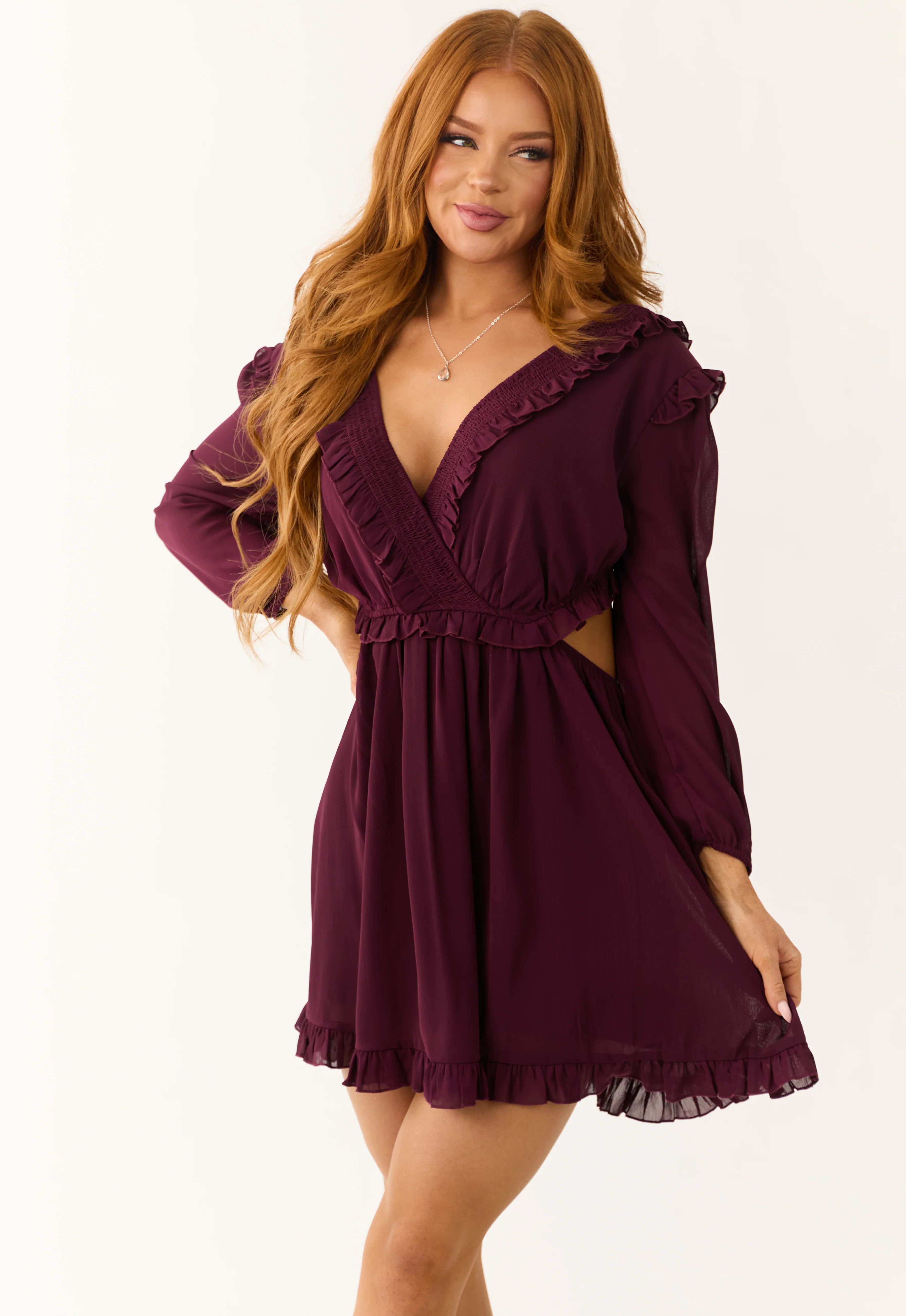 Eggplant Smocked Ruffle Long Sleeve Mini Dress - LD SALE