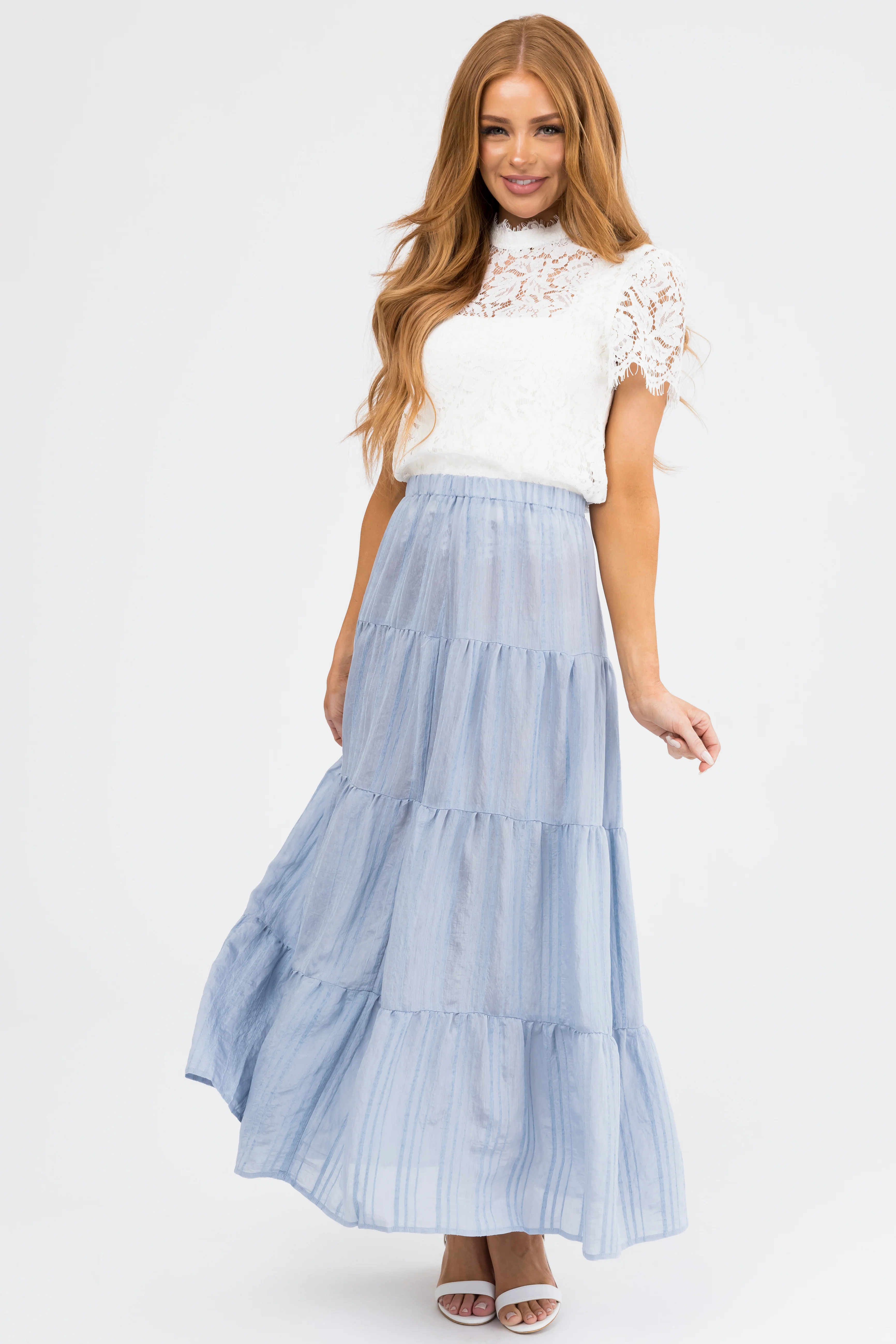 Powder Blue Textured Tiered Maxi Skirt - LD SALE
