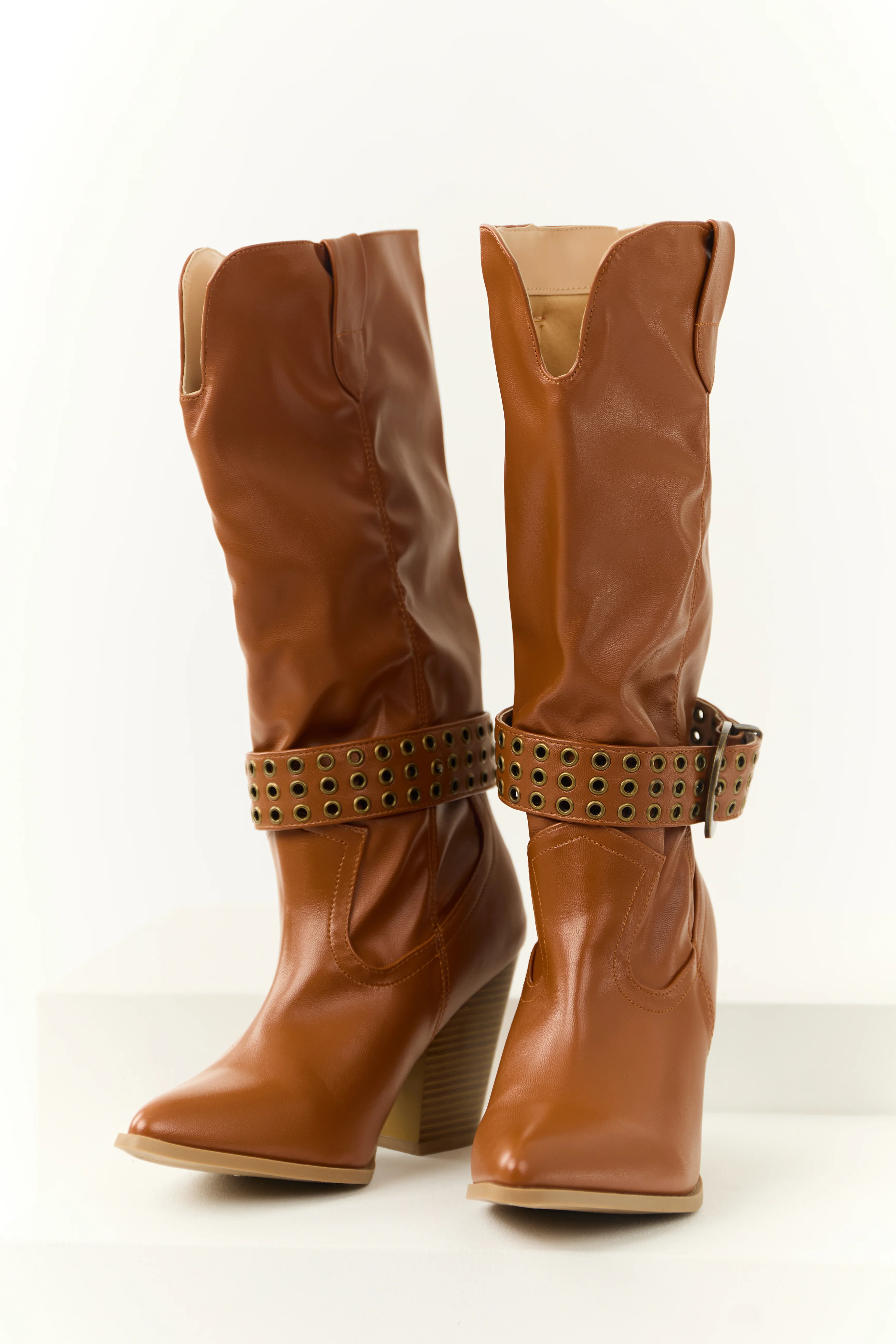 Caramel Buckled Strap Heeled Boots - LD SALE