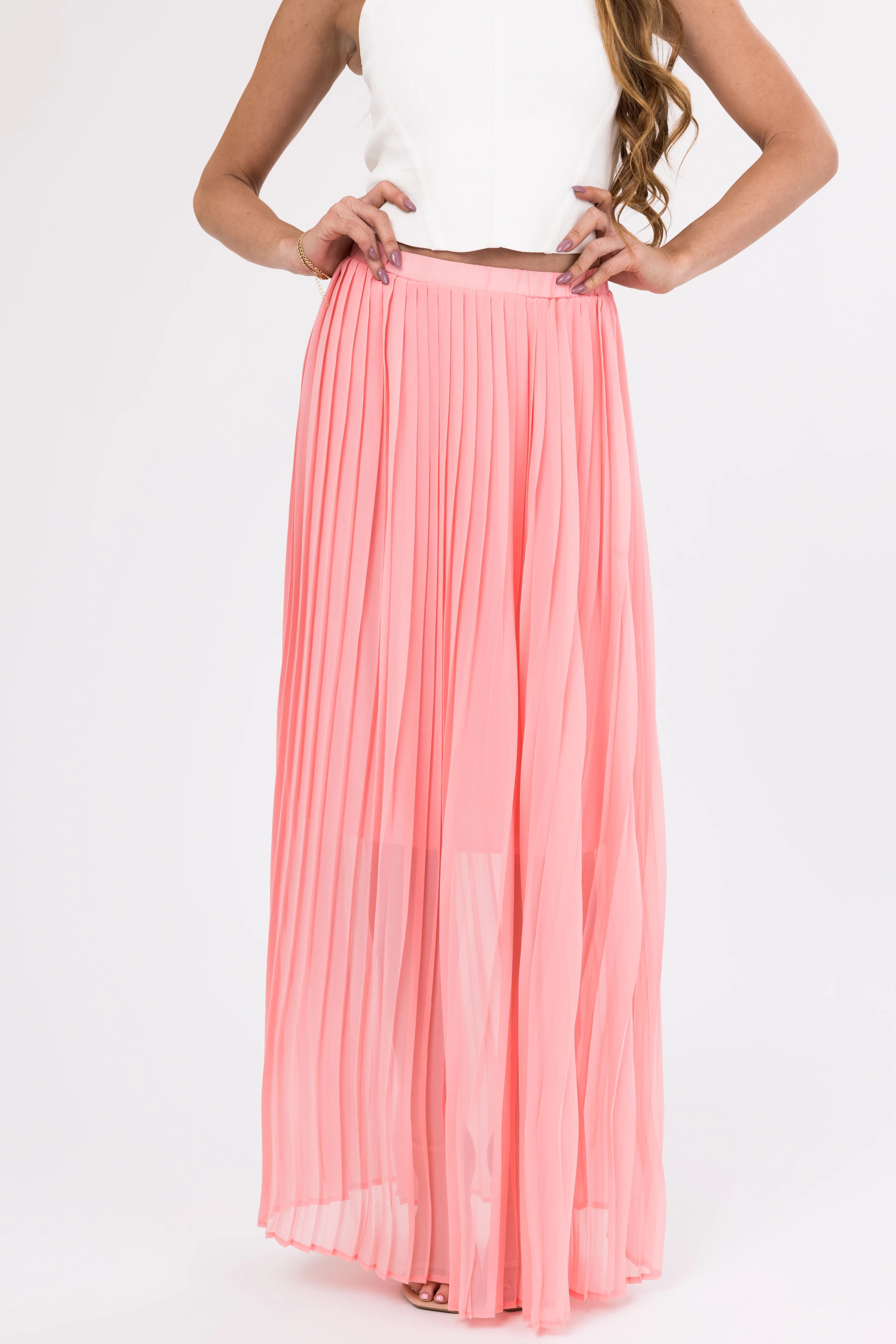 Blush Pleated Chiffon Elastic Waist Maxi Skirt - LD SALE