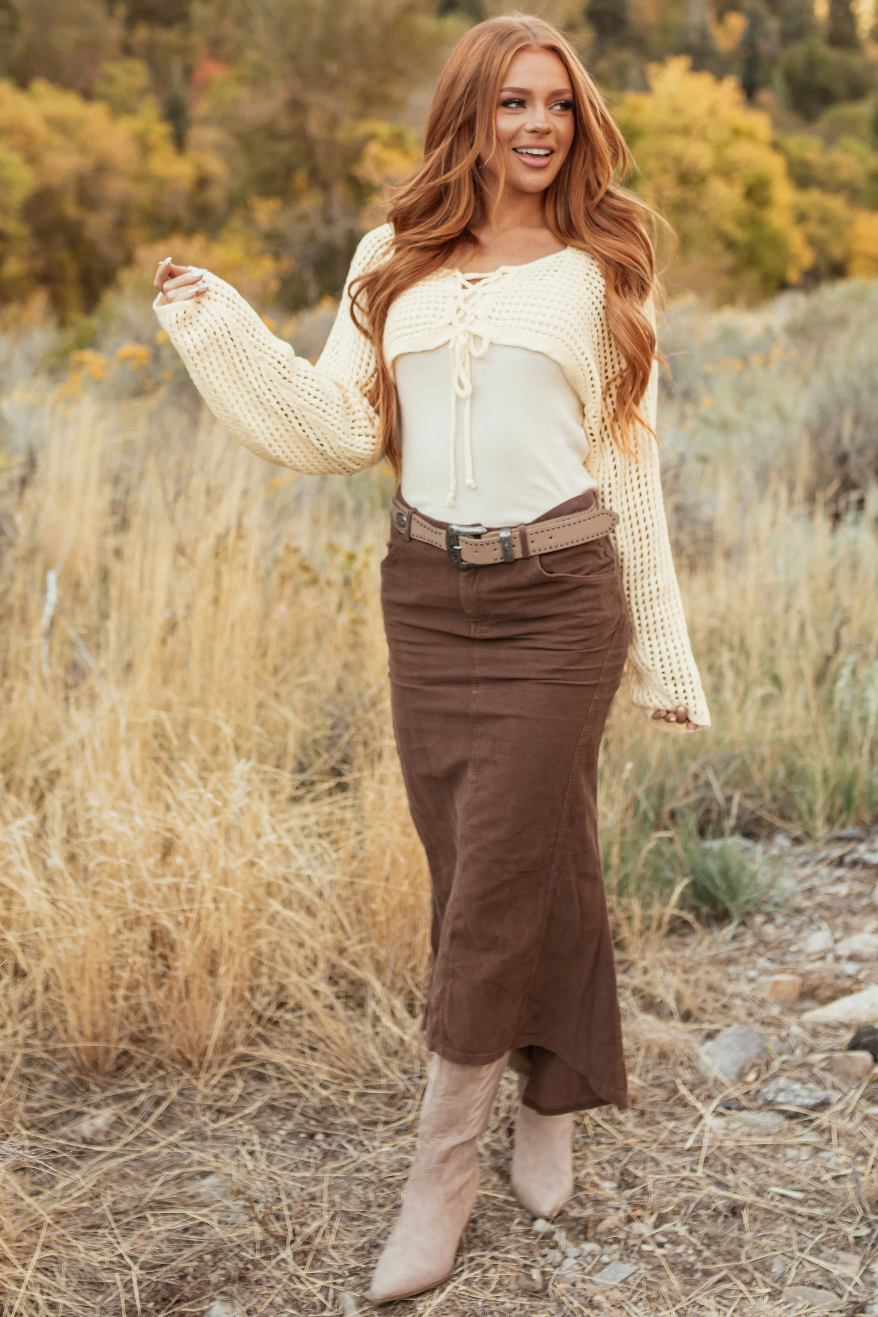 Walnut Corduroy Zip Up Flared Midi Skirt - LD SALE