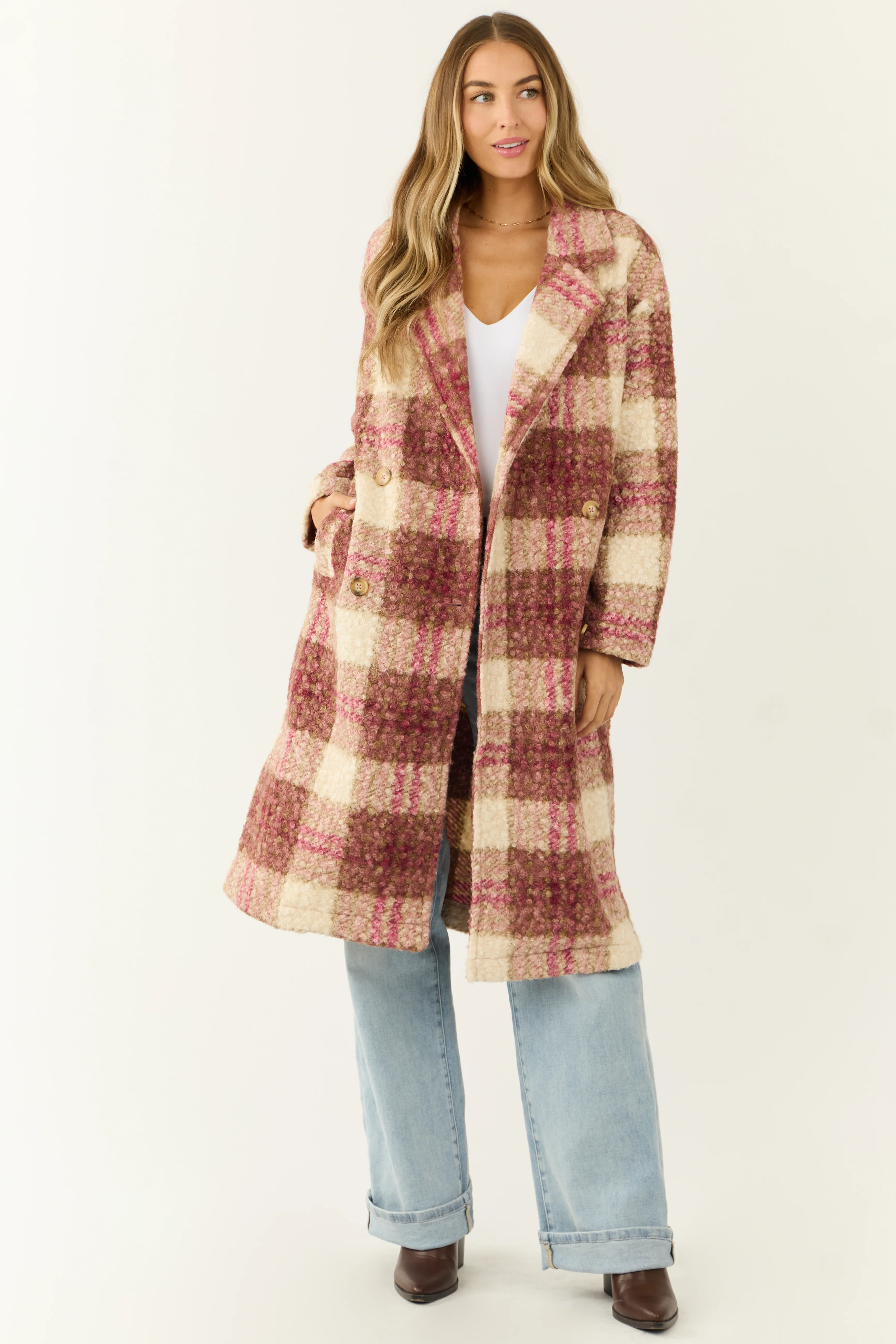 Raspberry Plaid Button Down Textured Trench Coat - LD SALE