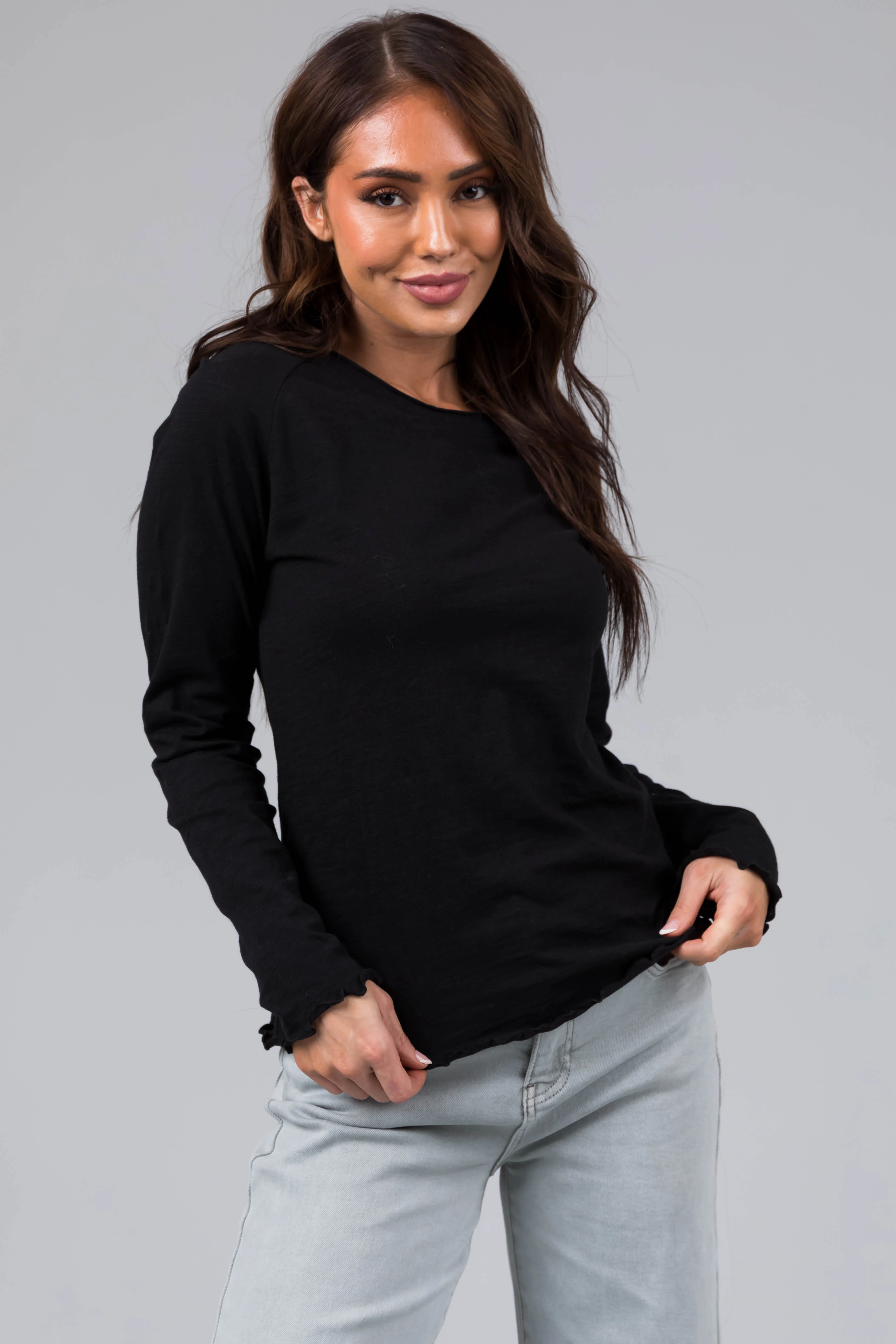 Heathered Black Lettuce Trim Long Sleeve Top - LD SALE