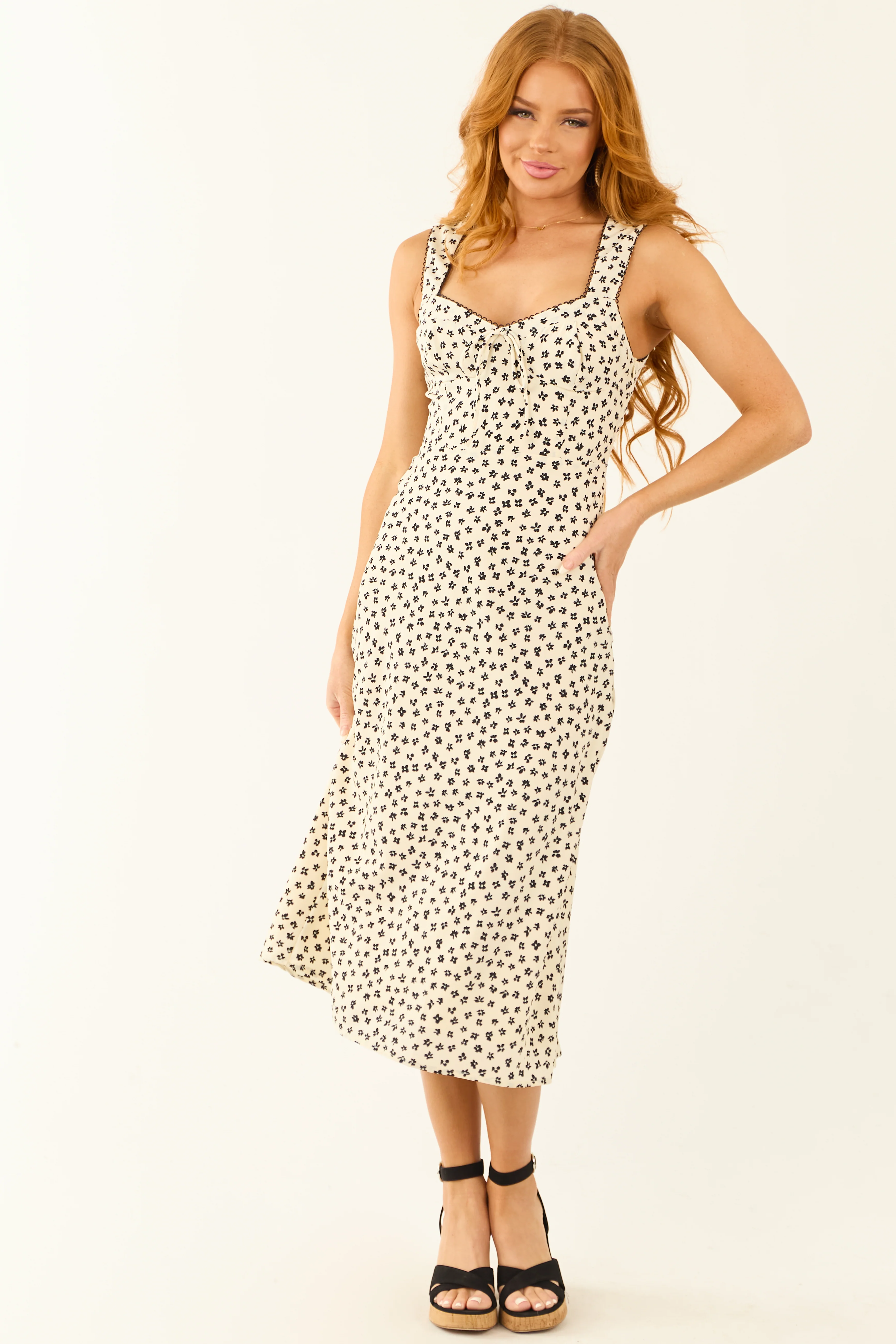 Cream Floral Print Bustier Top Sleeveless Midi Dress - LD SALE