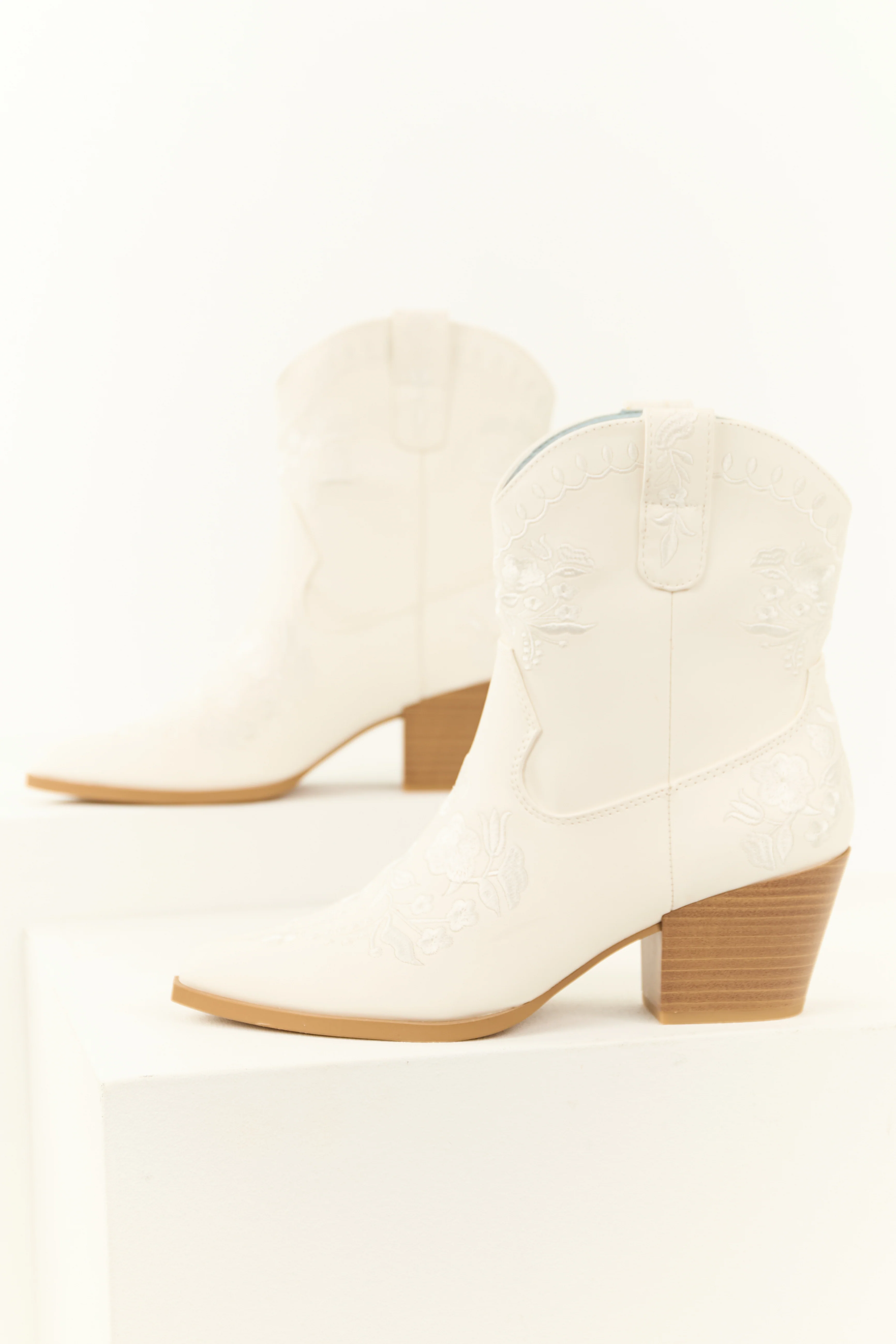 White Floral Embroidered Stacked Heel Booties - LD SALE