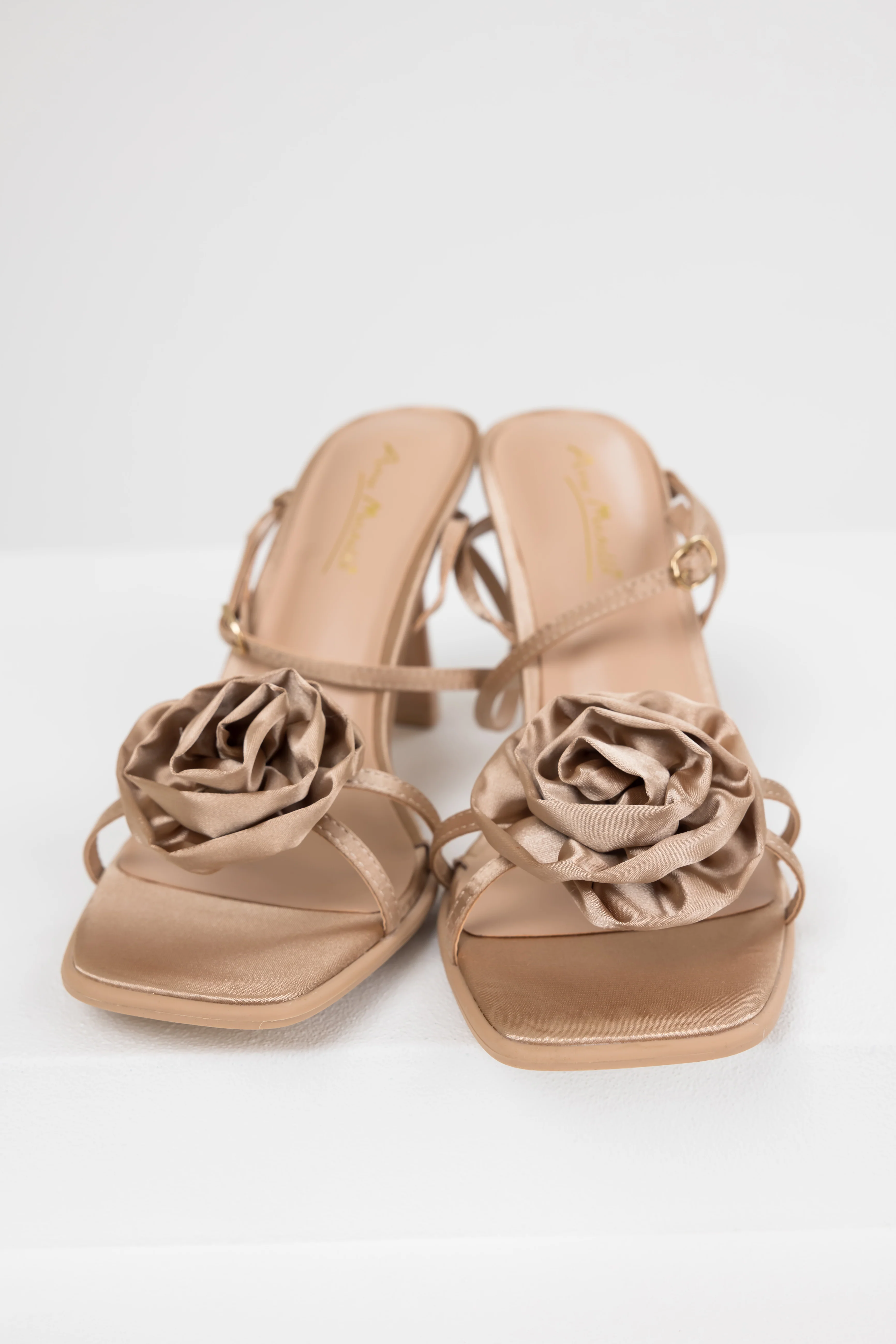 Camel Satin Flower Strap Dress Heels - LD SALE