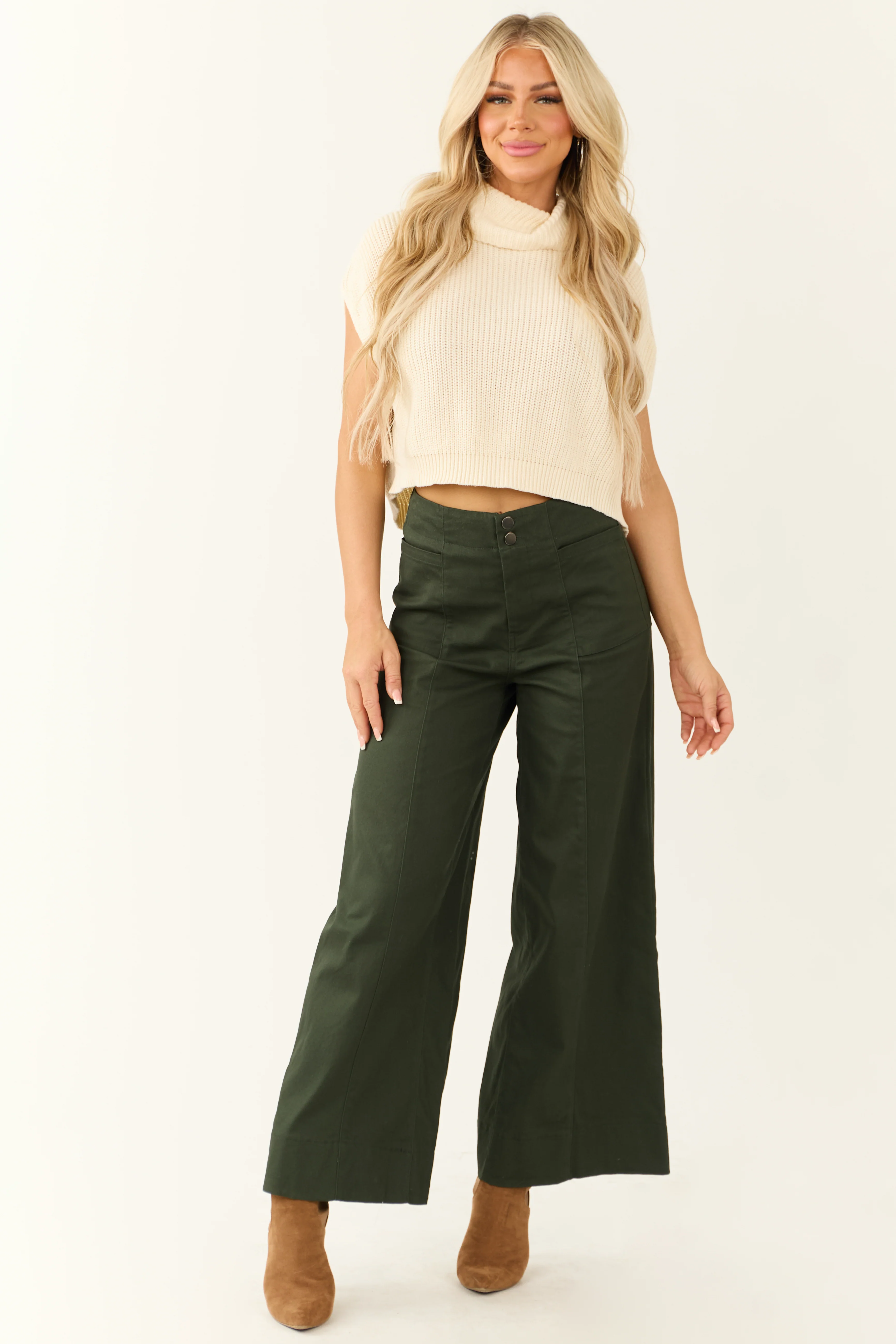 Deep Pine High Rise Wide Leg Ankle Length Pants - LD SALE