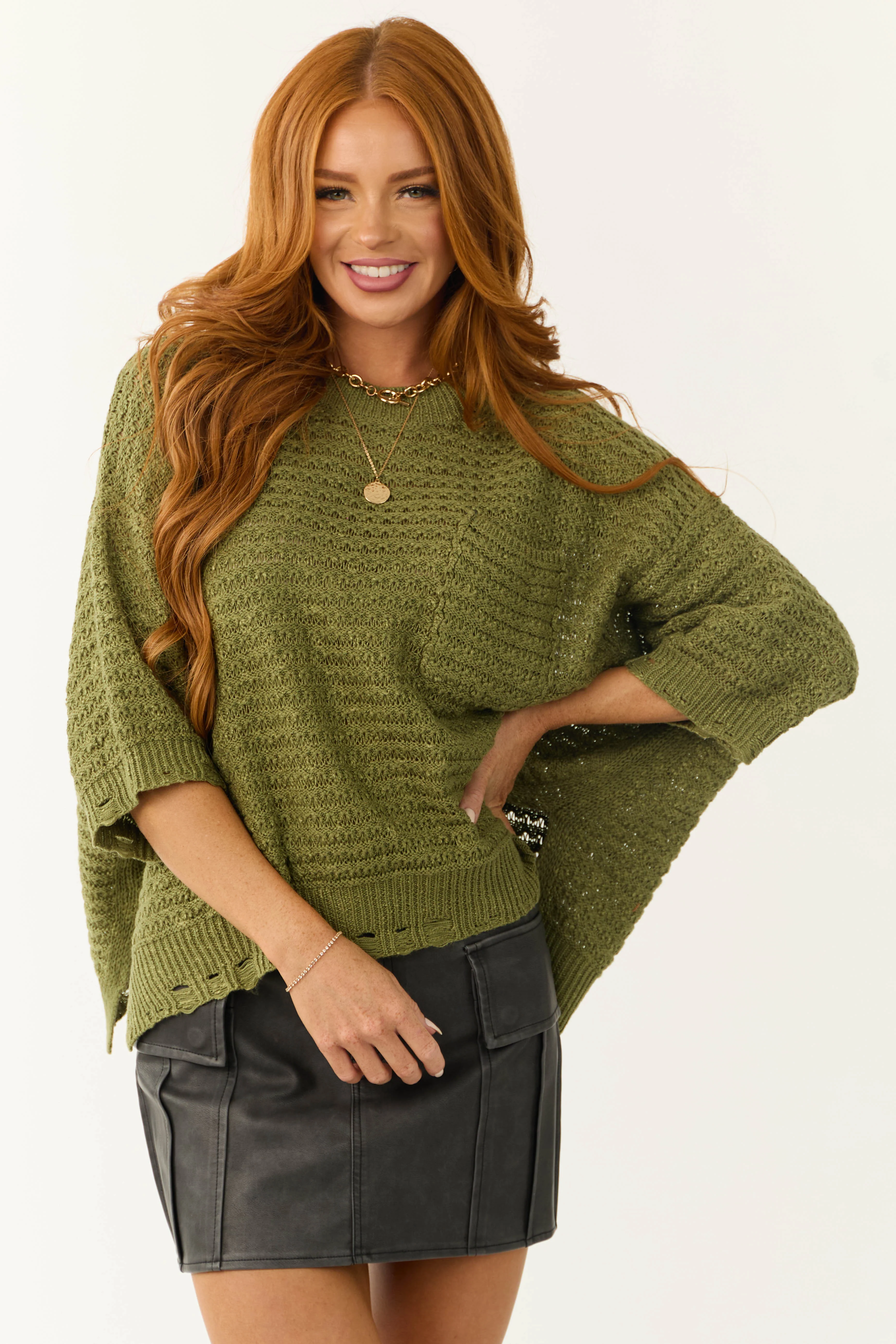 Army Green Oversized Knit Half Sleeve Top - LD SALE