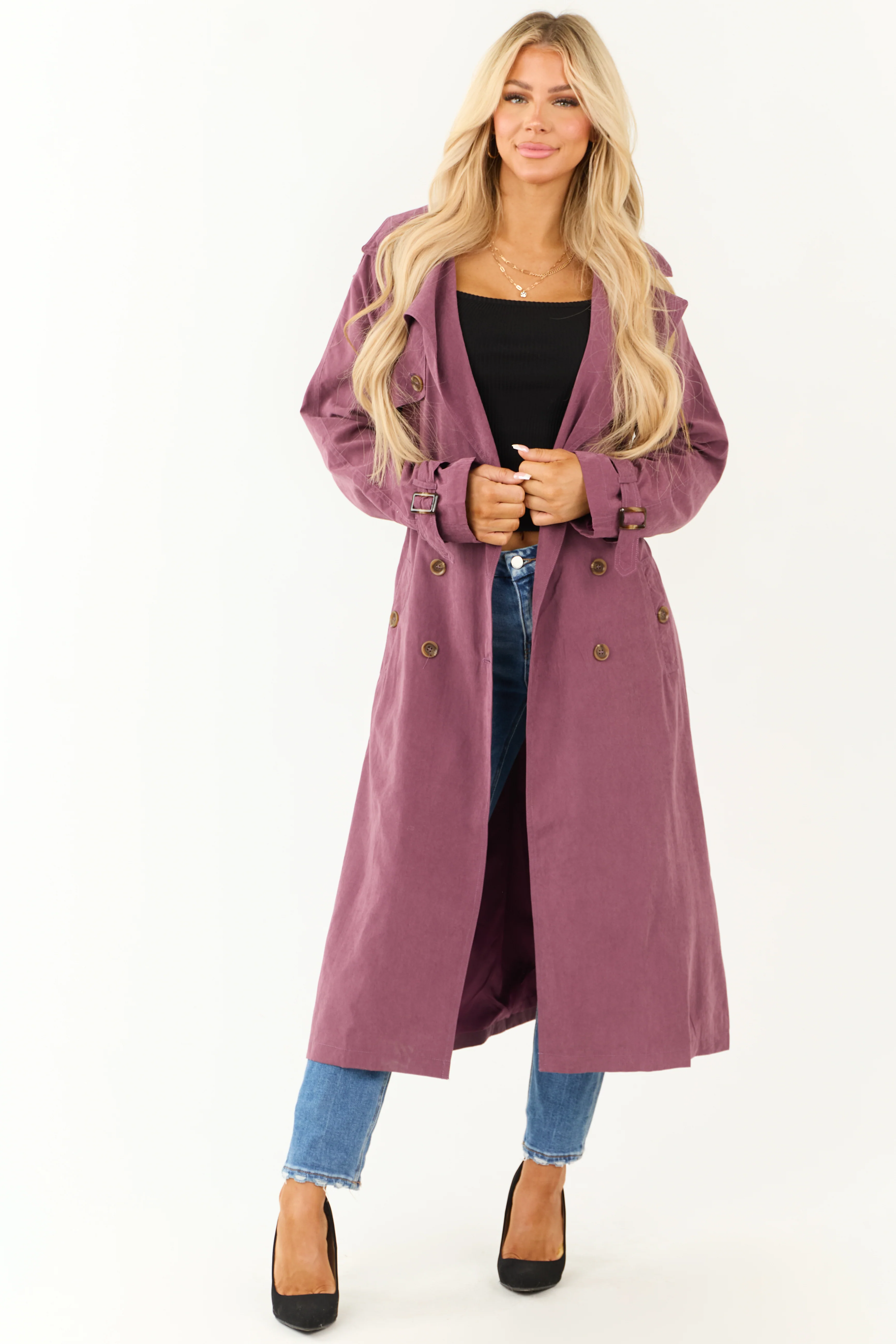 Boysenberry Double Button Long Trench Coat - LD SALE