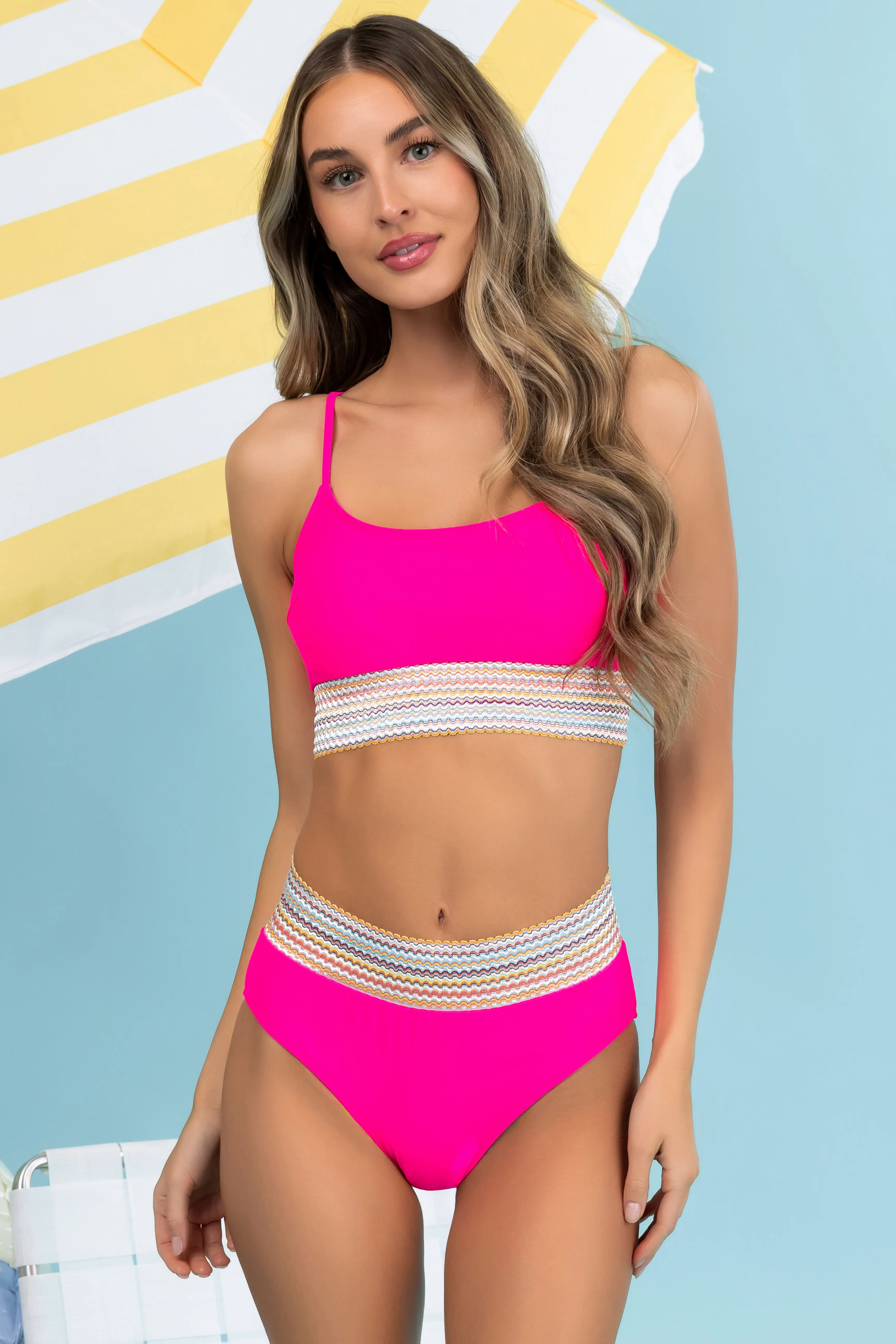 Neon Magenta Bikini with Stripe Trim - LD SALE