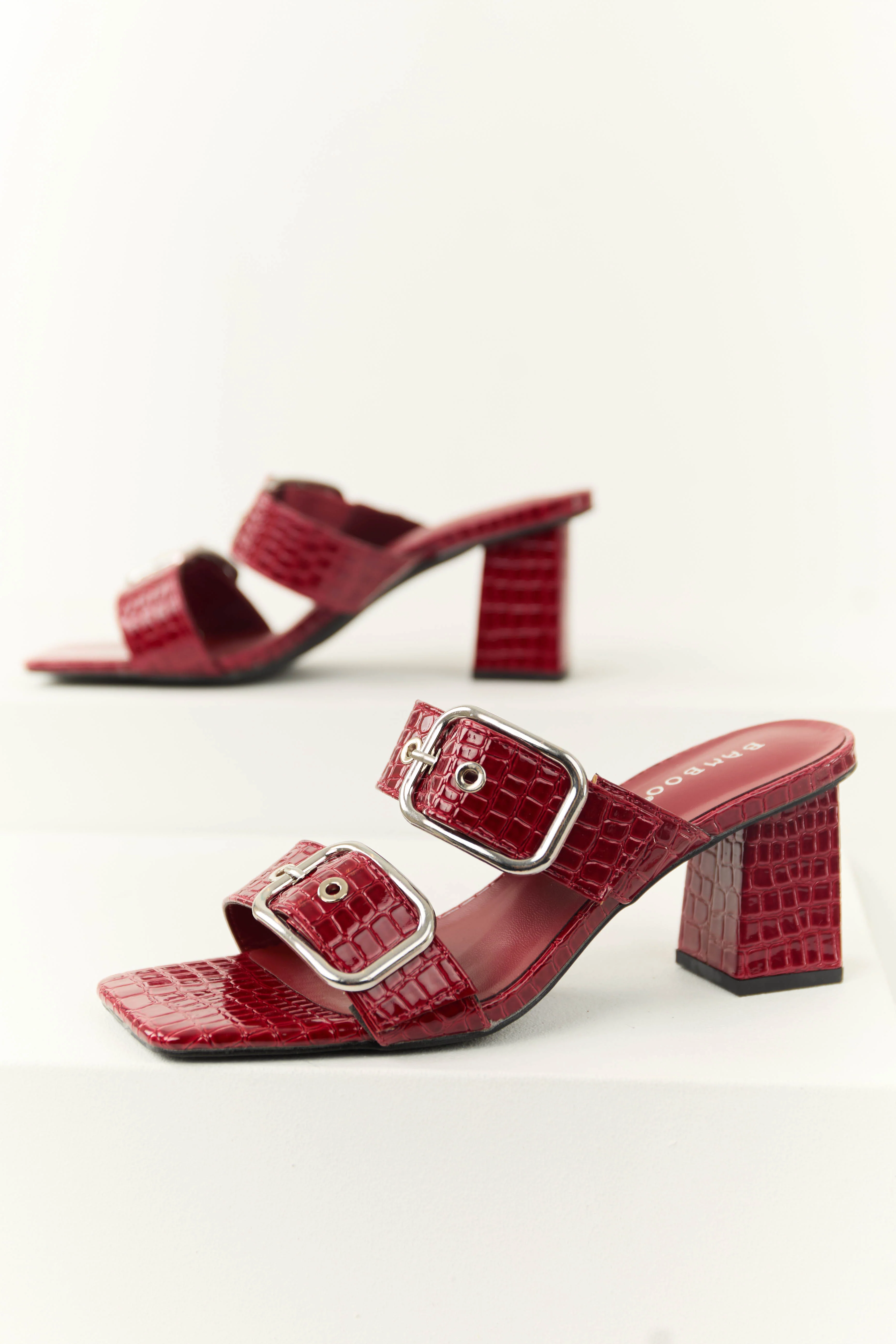 Dark Cherry Open Toed Double Buckle Strap Heels - LD SALE