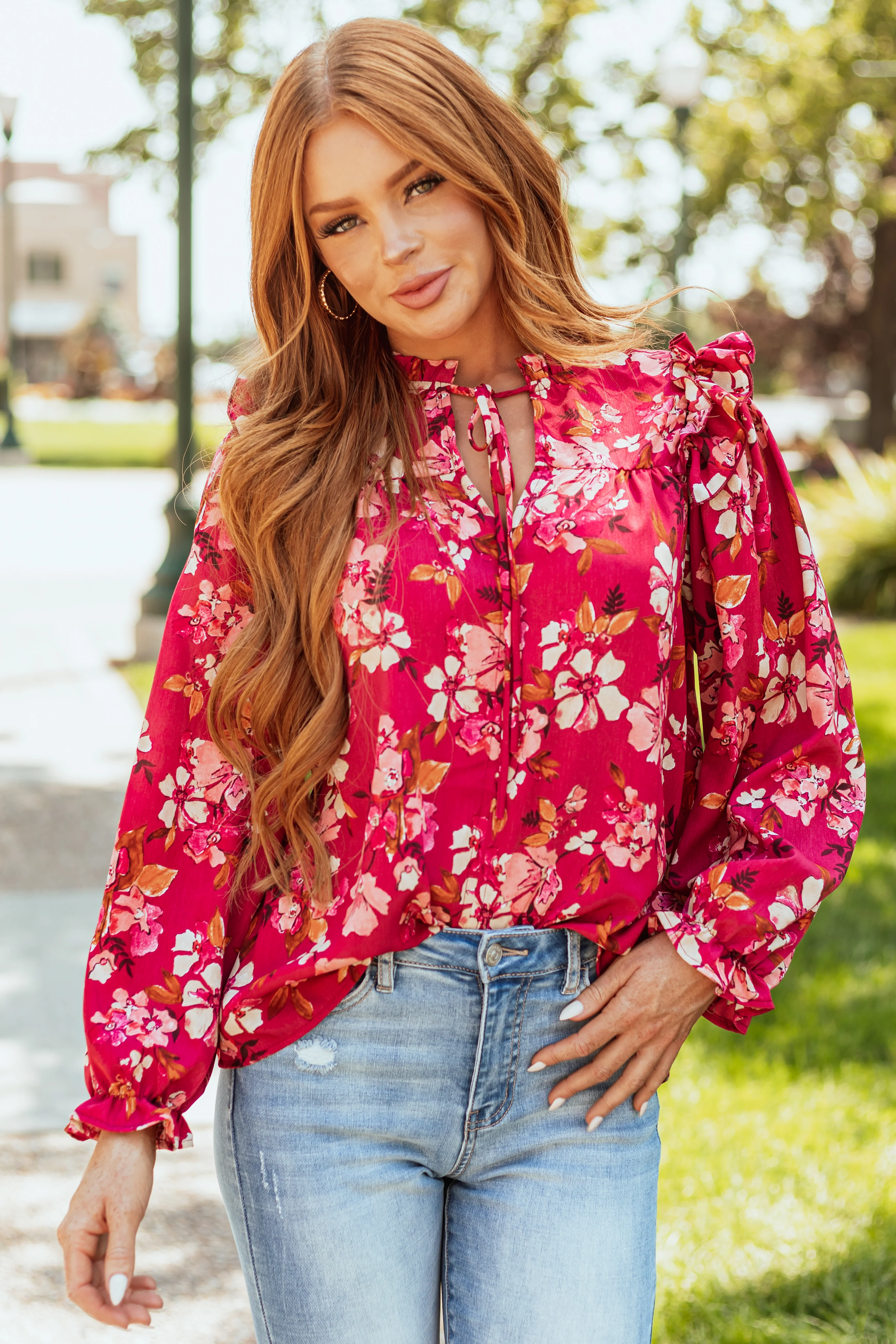 Hibiscus Floral Print Long Sleeve Blouse - LD SALE