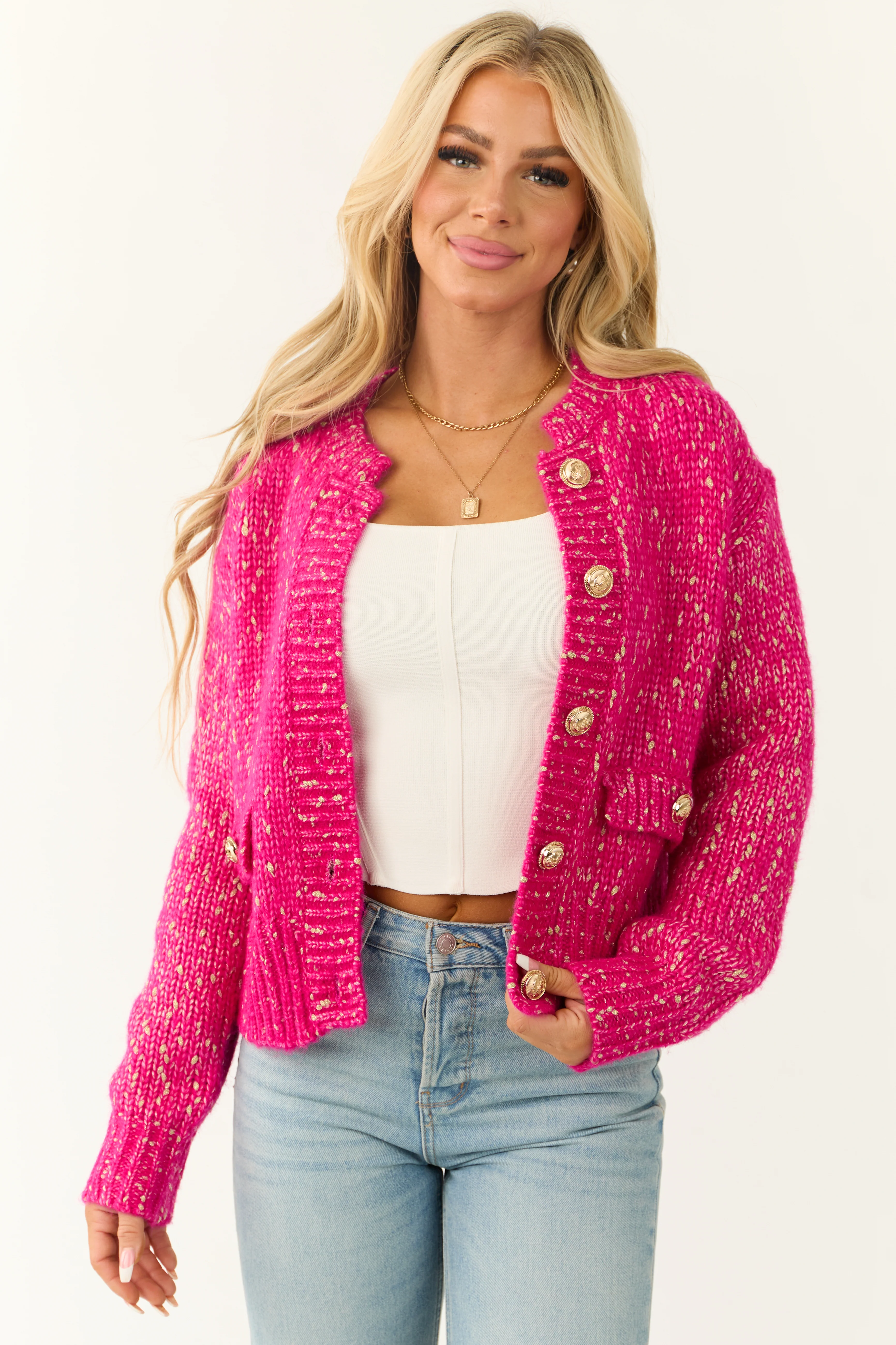 Fuchsia Speckled Yarn Knit Button Up Thick Cardigan - LD SALE