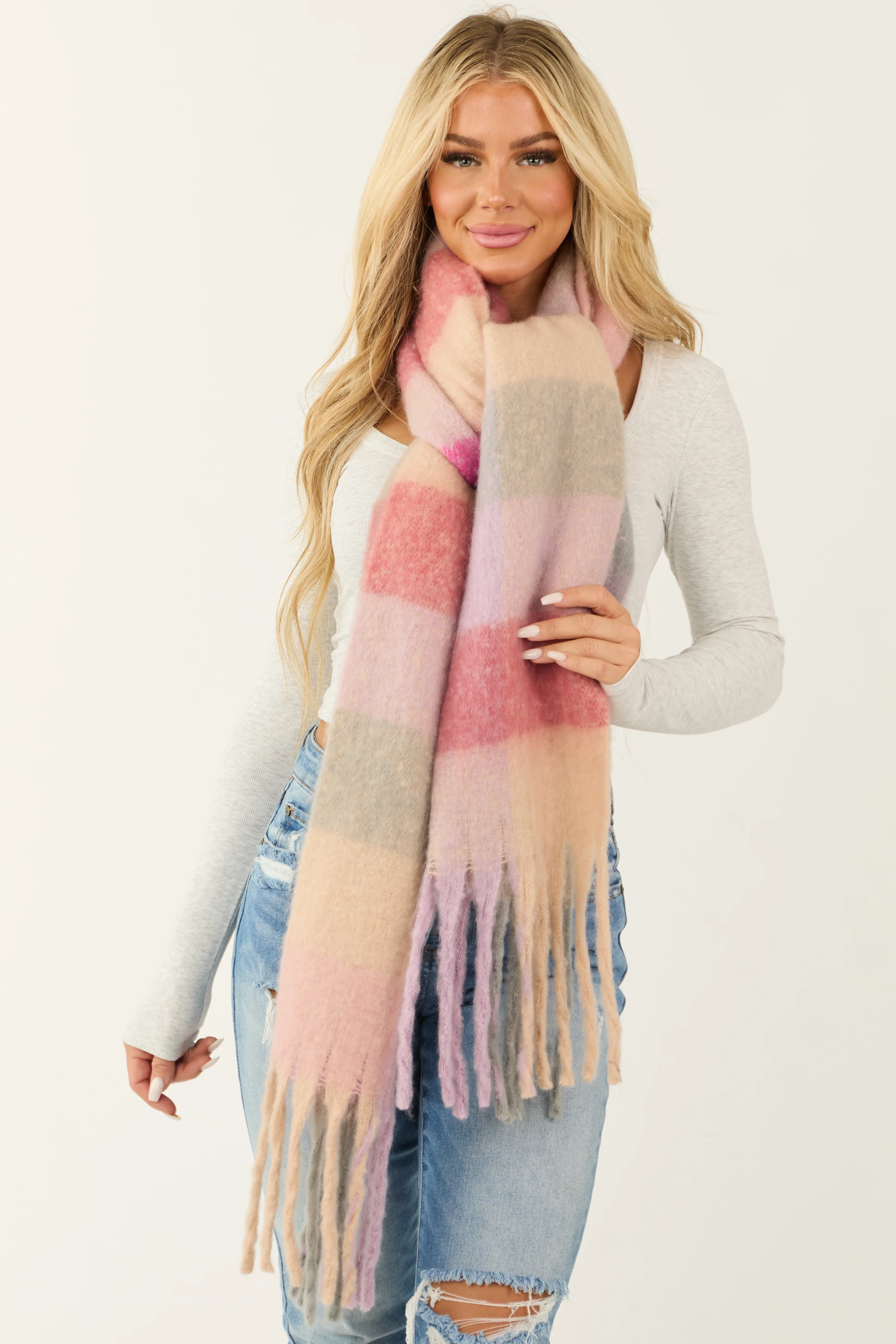 Mauve Plaid Cozy Oversized Long Fringe Scarf - LD SALE