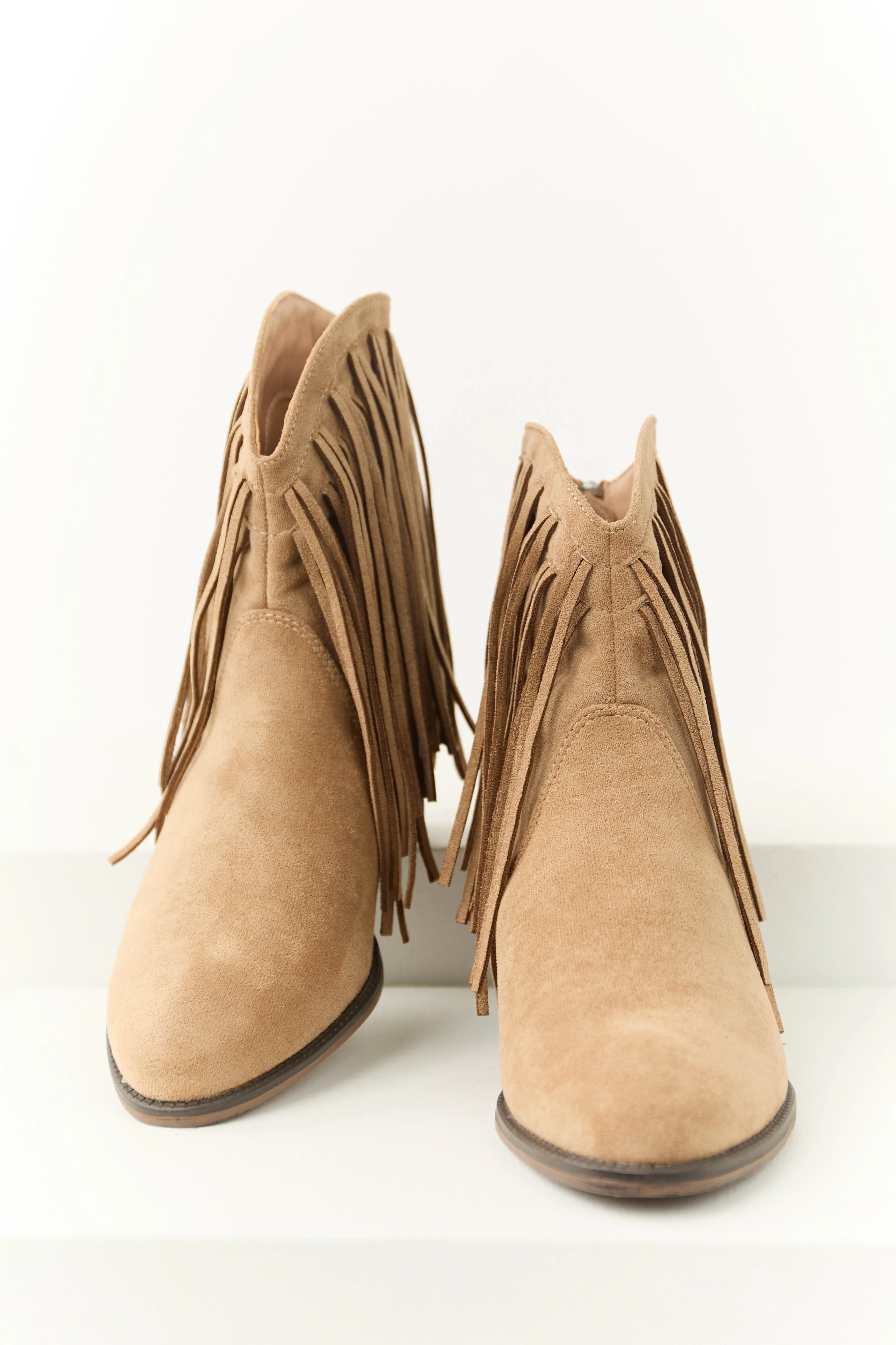 Latte Faux Suede Fringe Heeled Booties - LD SALE