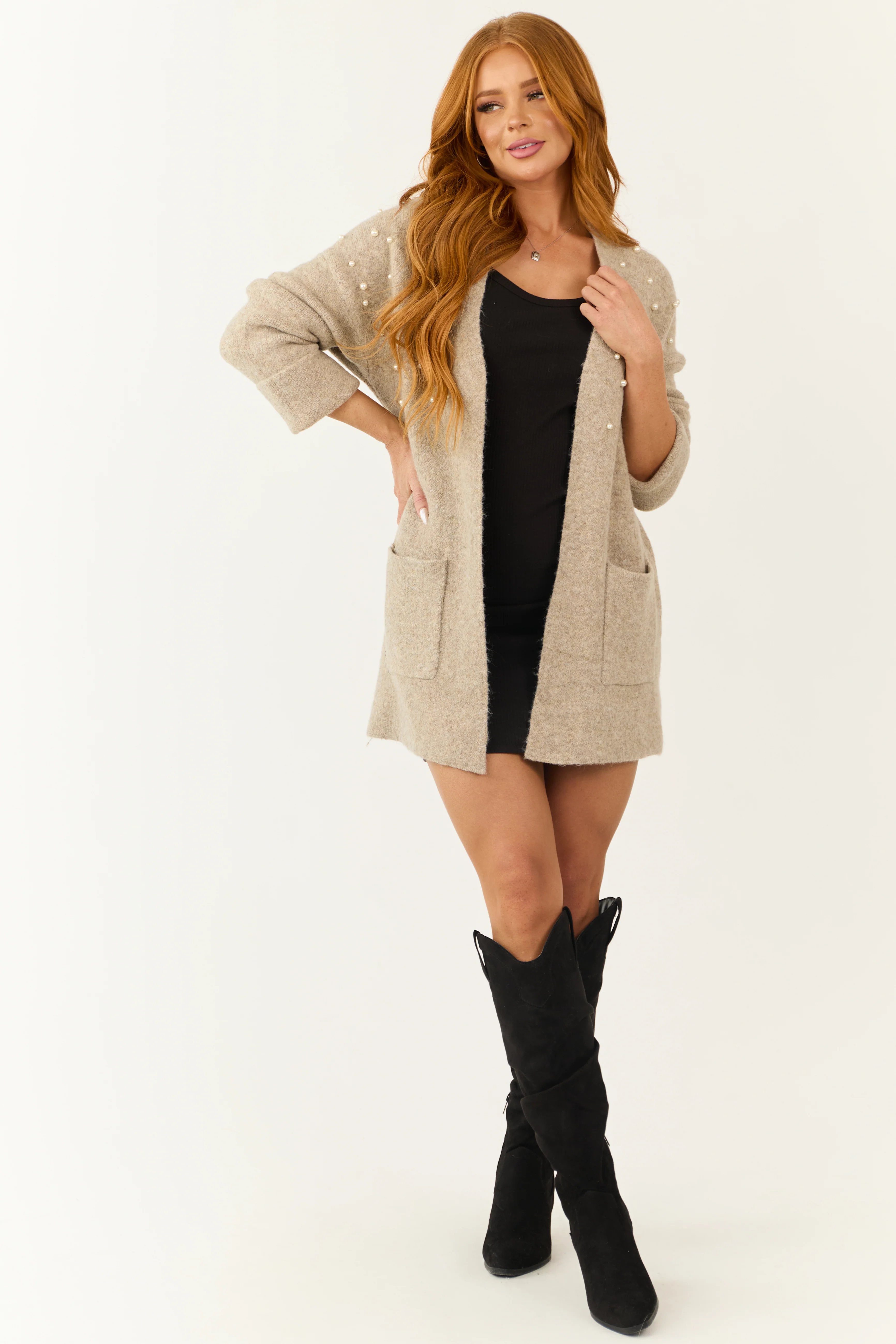 Oatmeal Pearl Embellished Open Front Cardigan - LD SALE