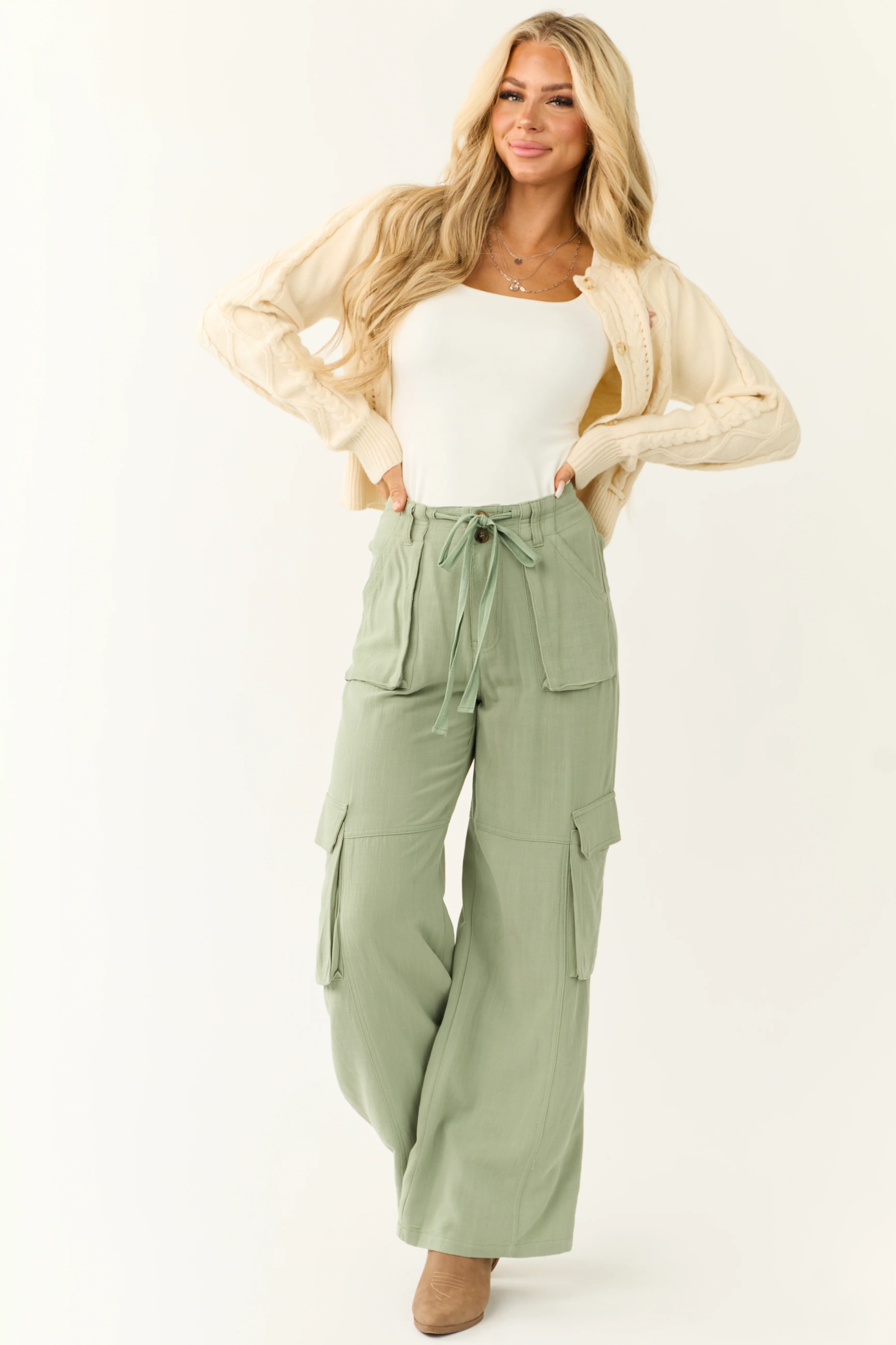 Rich Sage Relaxed Fit Wide Leg Cargo Pants - LD SALE