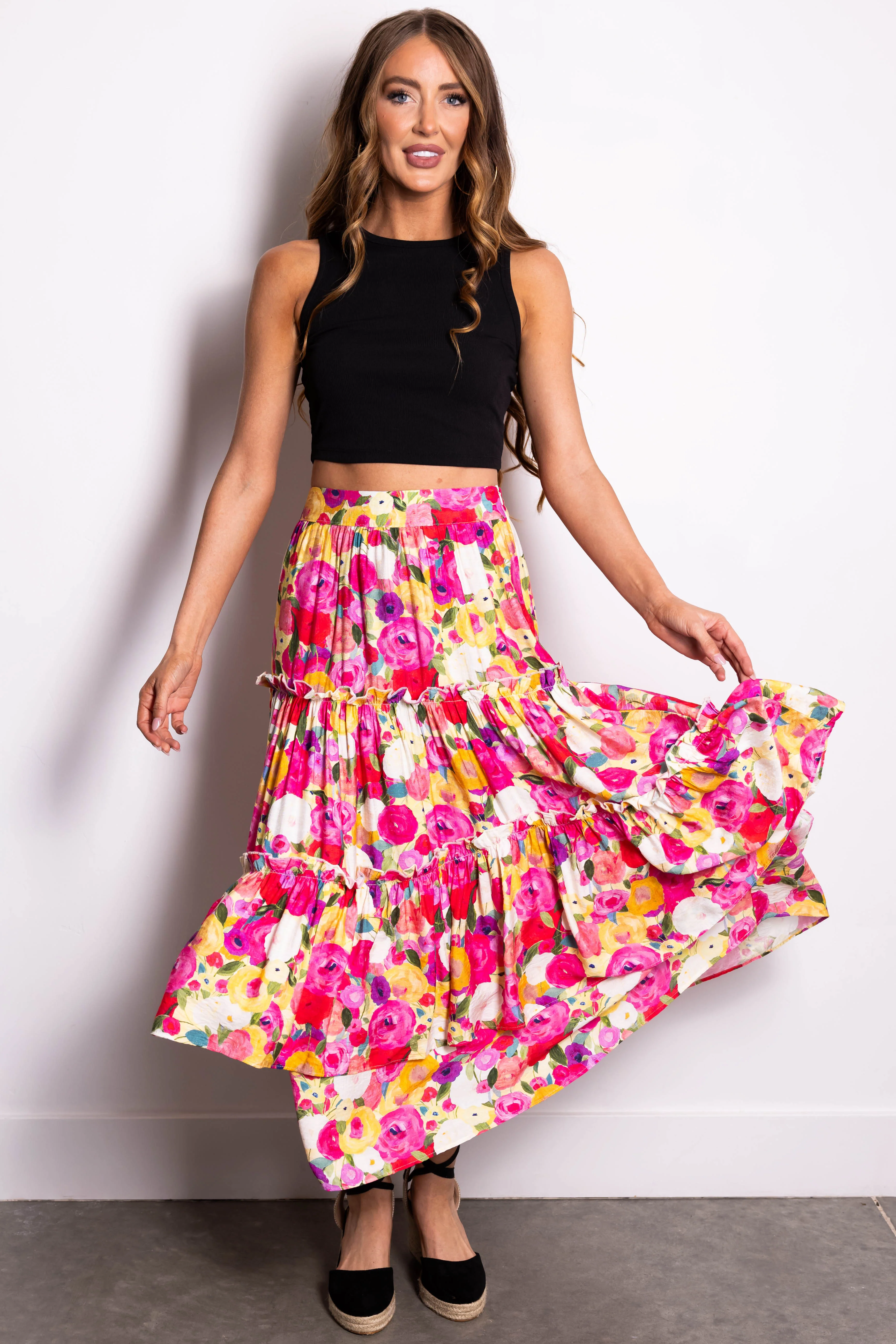Raspberry Floral Print Tiered Maxi Skirt - LD SALE