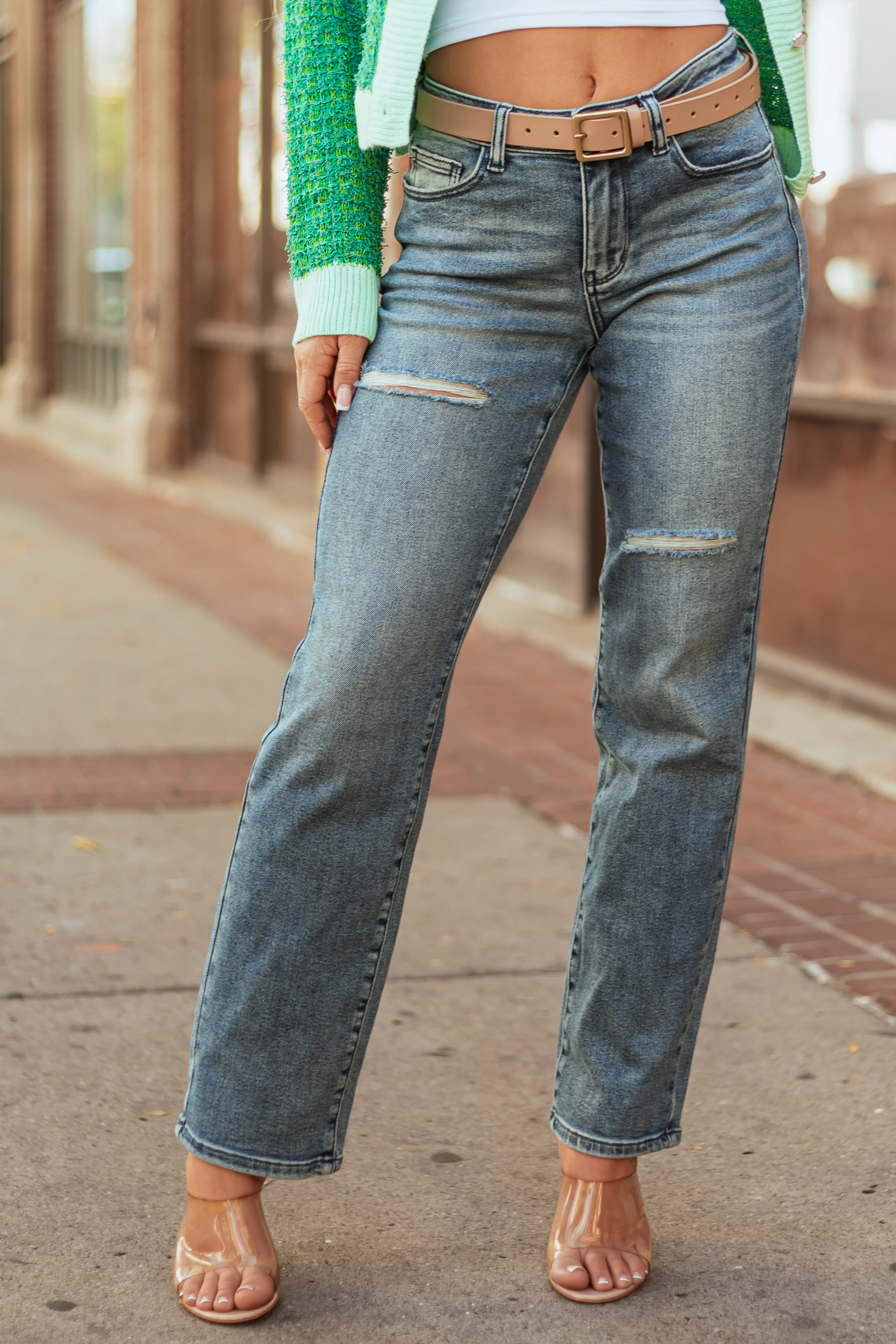 Judy Blue Medium Wash Distressed Detail Dad Jeans - LD SALE