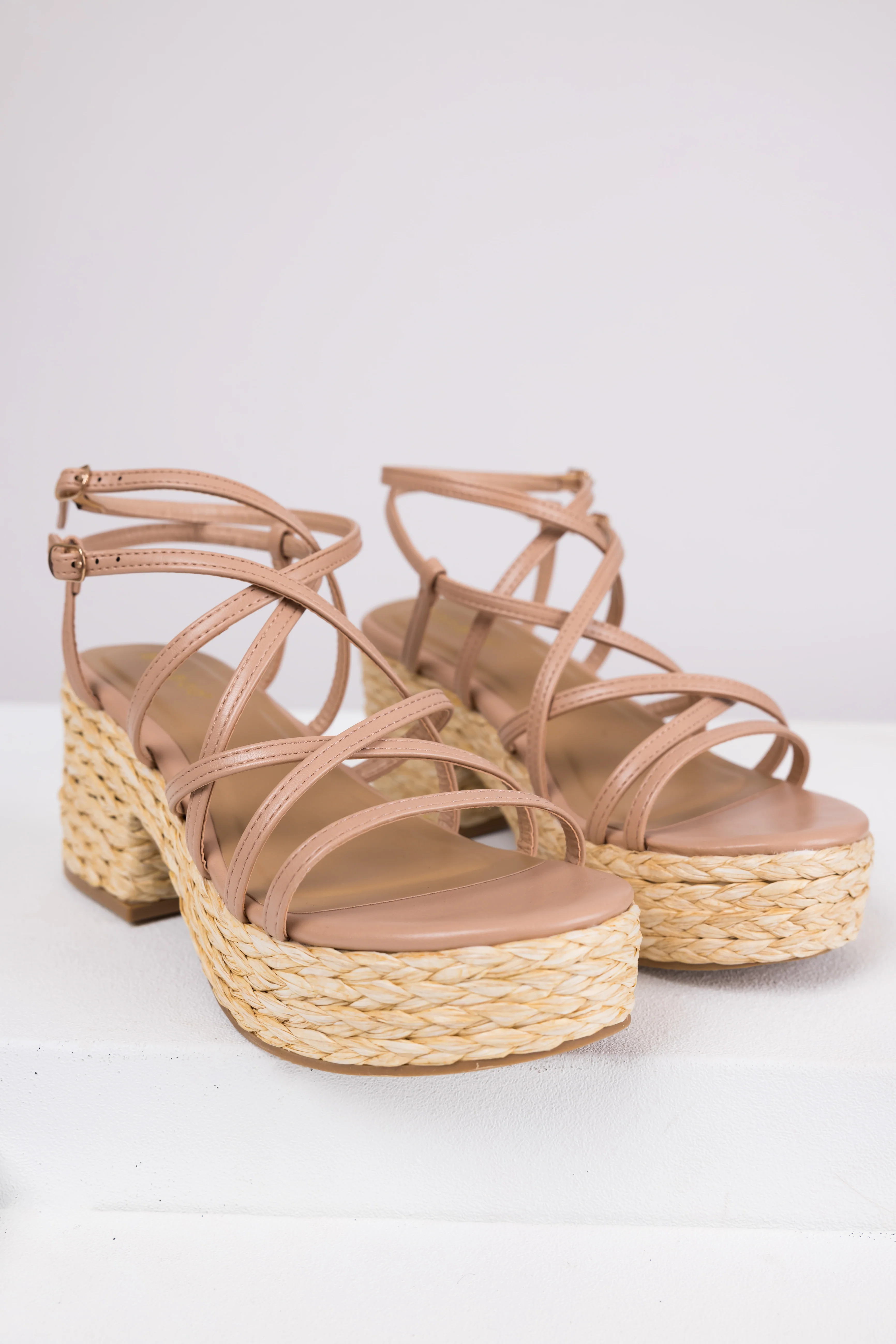 Nude Strappy Woven Detail Platform Heels - LD SALE