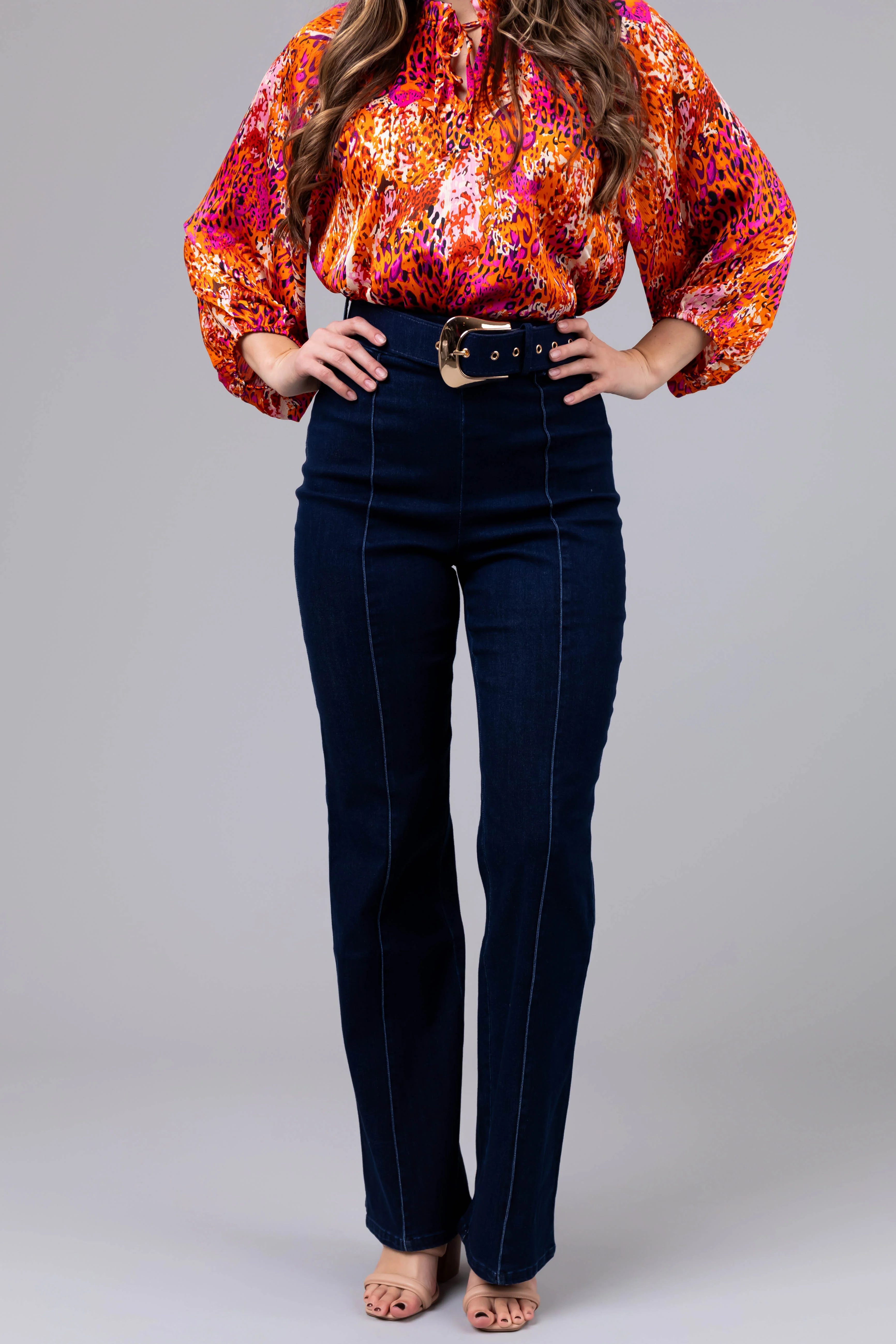 Dark Wash Denim High Waisted Pants with Belt - LD SALE