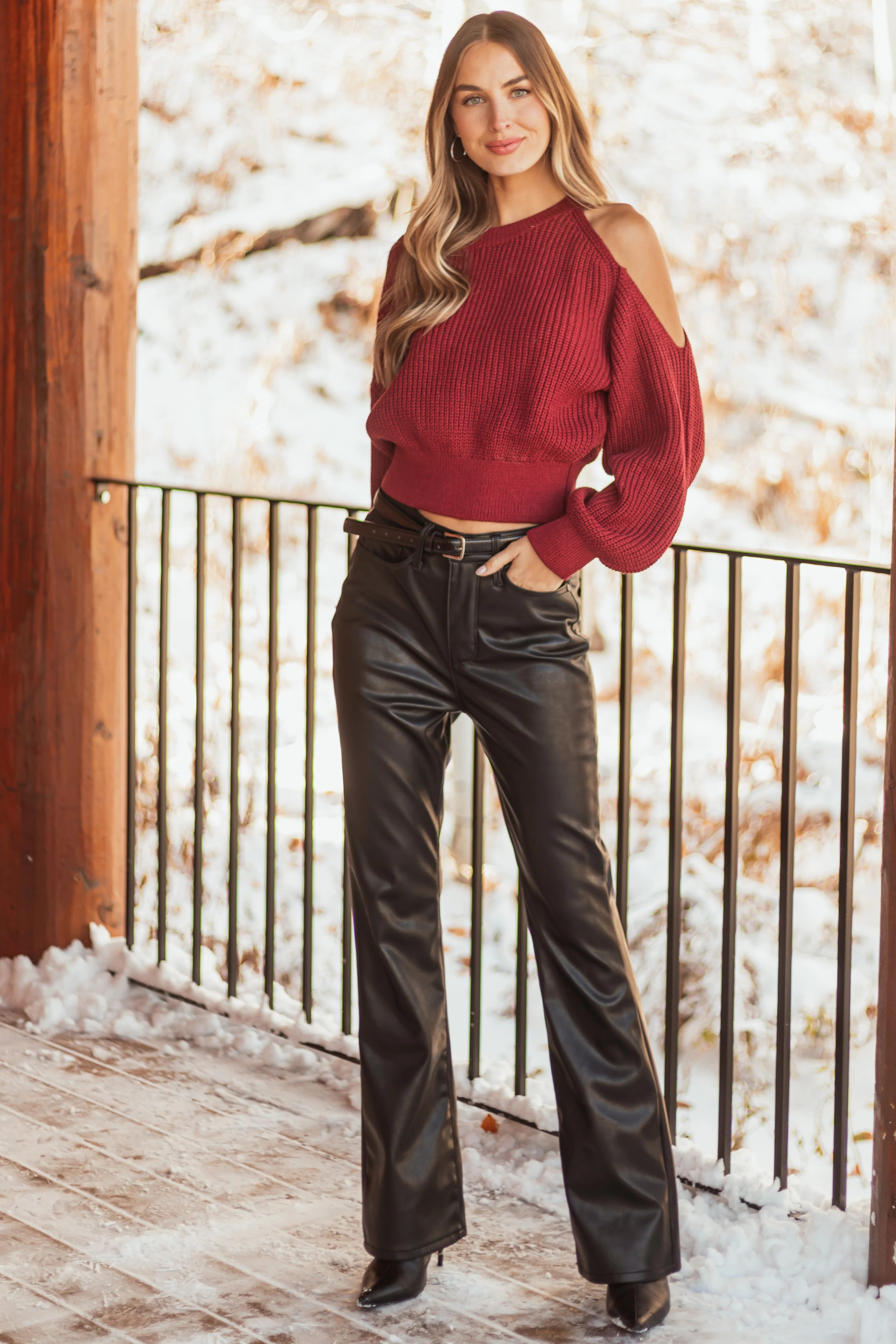Burgundy Single Cold Shoulder Cropped Sweater - LD SALE