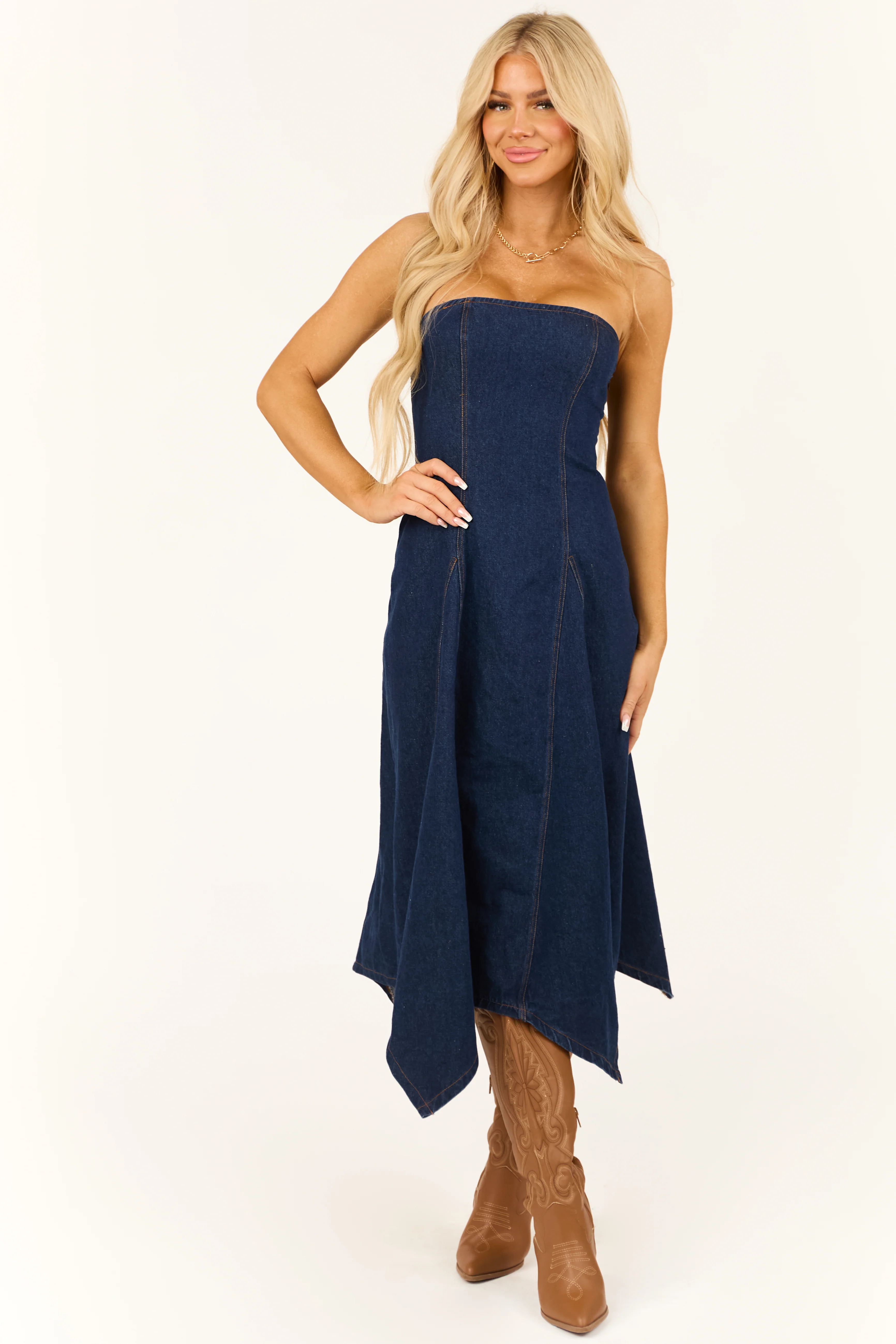 Dark Wash Denim Strapless Scarf Hem Midi Dress - LD SALE