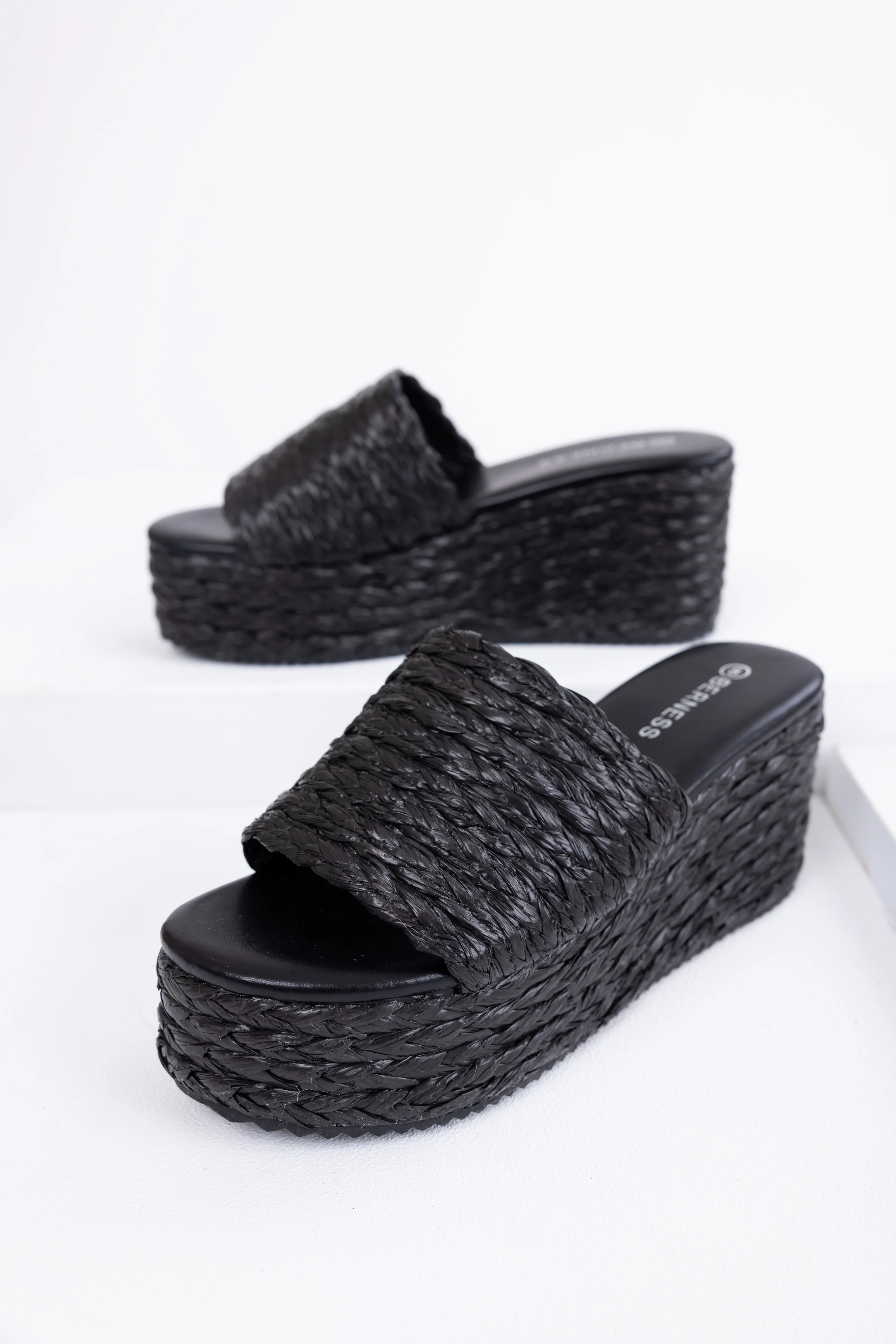 Black Jute Woven Cushioned Platform Wedges - LD SALE