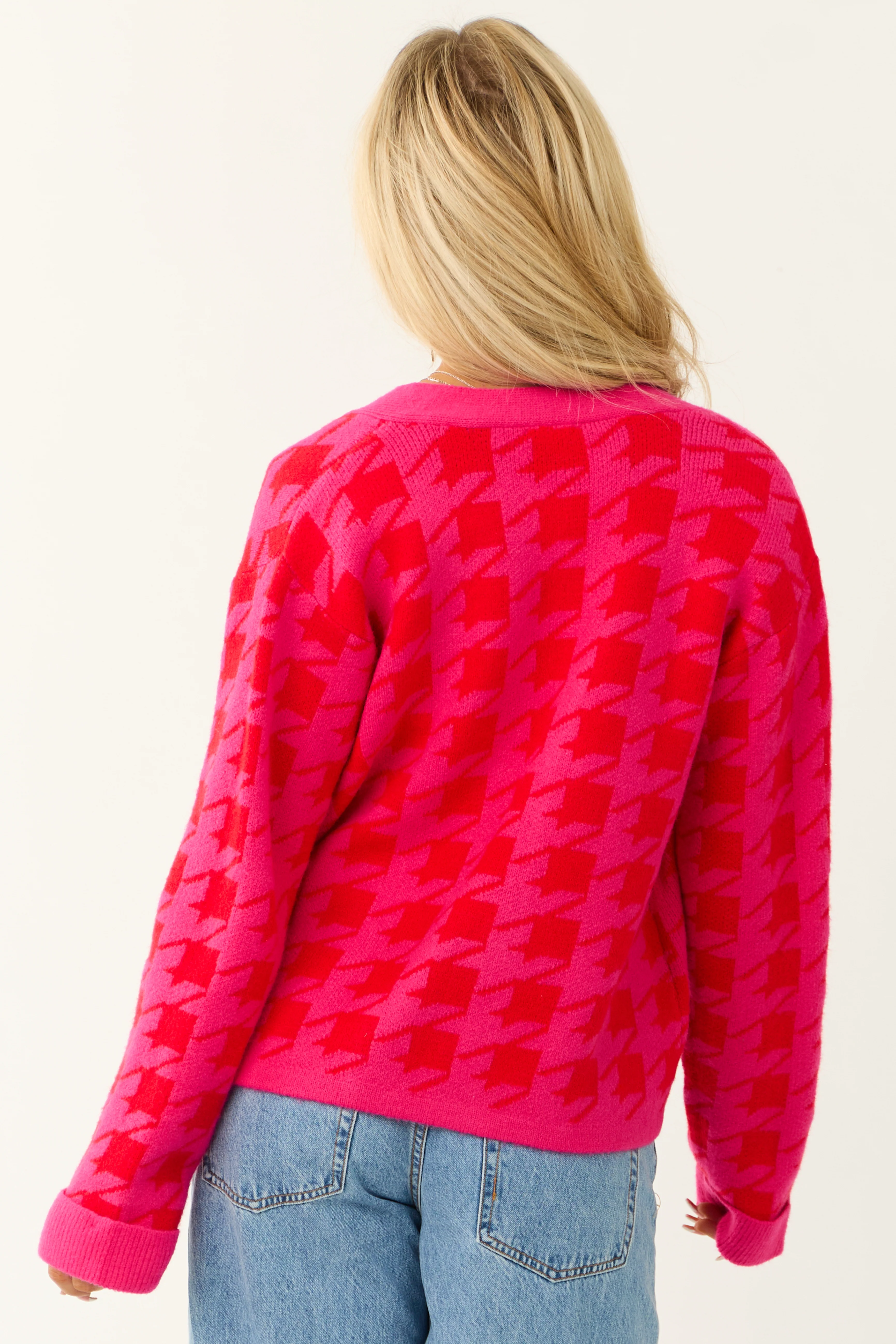 Fuchsia Houndstooth Long Sleeve Cardigan - LD SALE