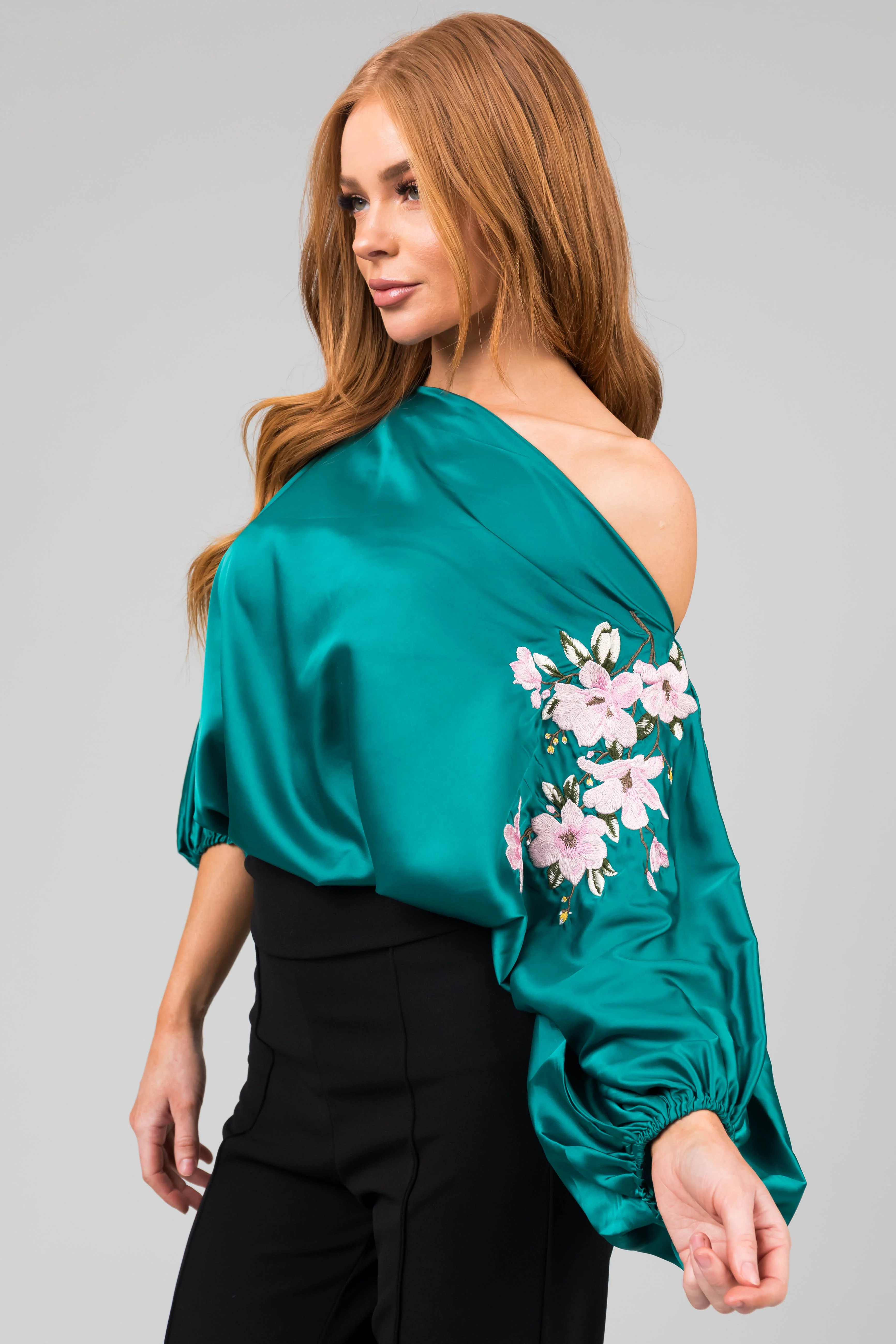 Jungle Green Floral Embroidery Satin Blouse - LD SALE