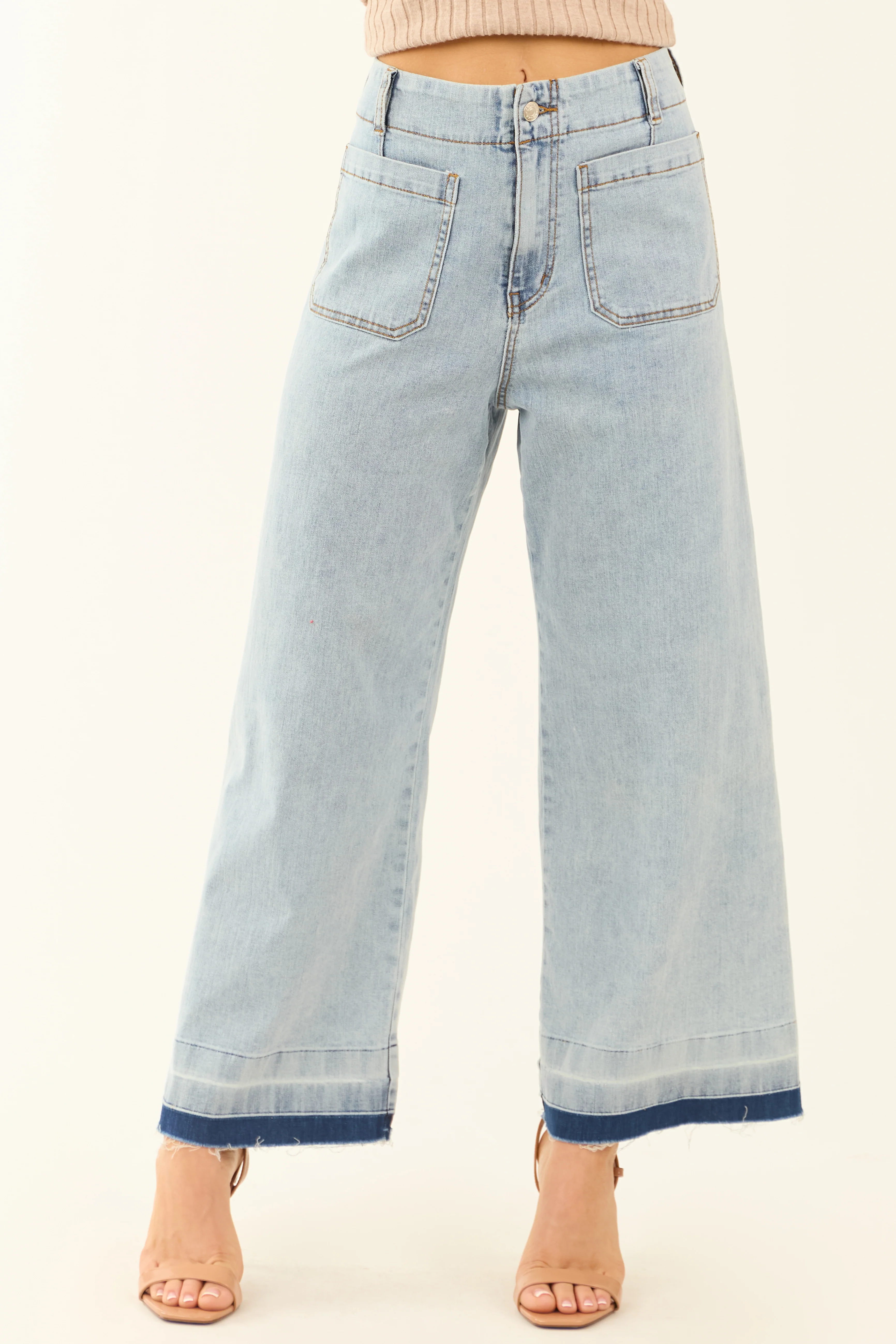 Light Mineral Wash Denim Ombre Hem Patch Pocket Jeans - LD SALE