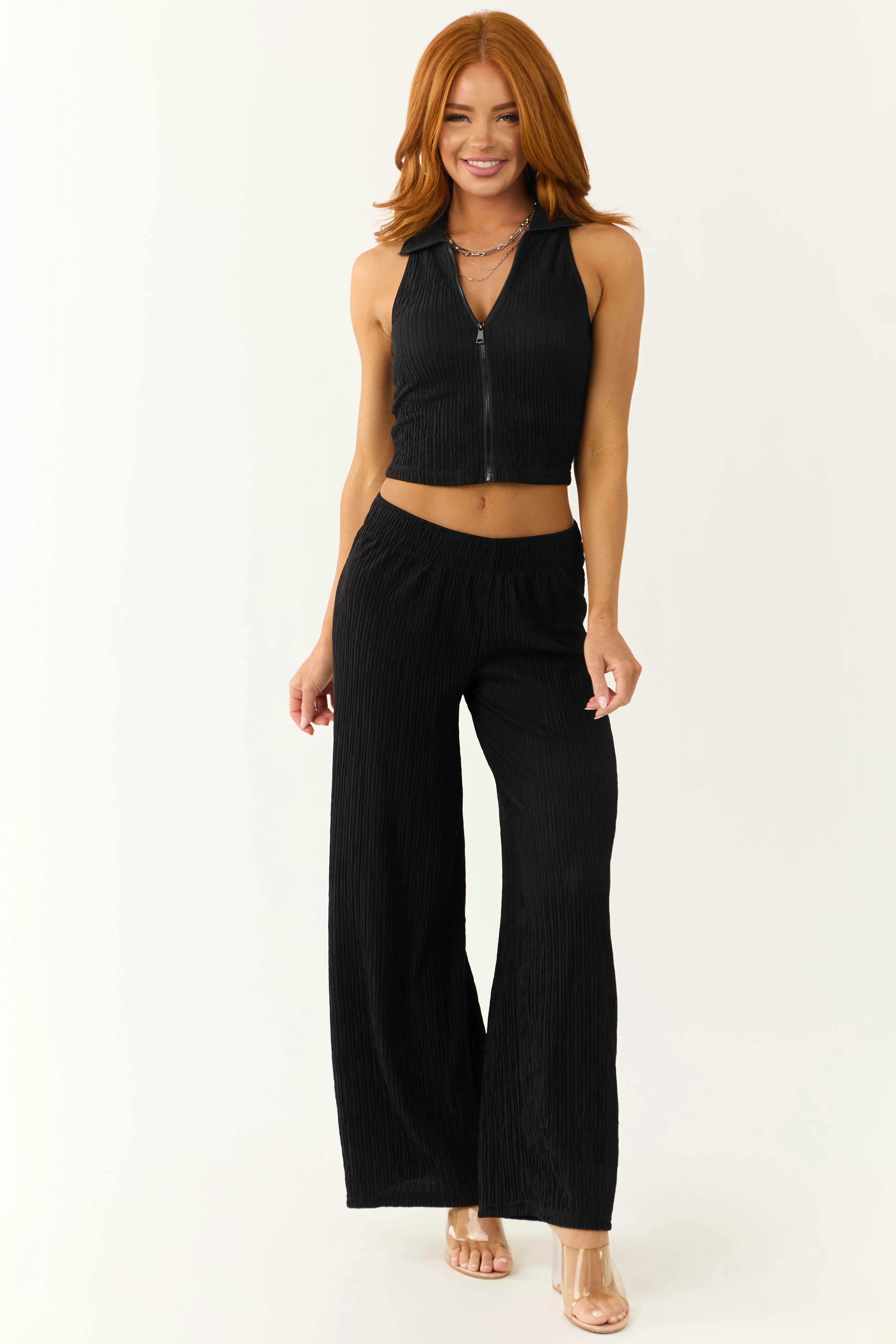 Black Plisse Collared Top and Pants Set - LD SALE