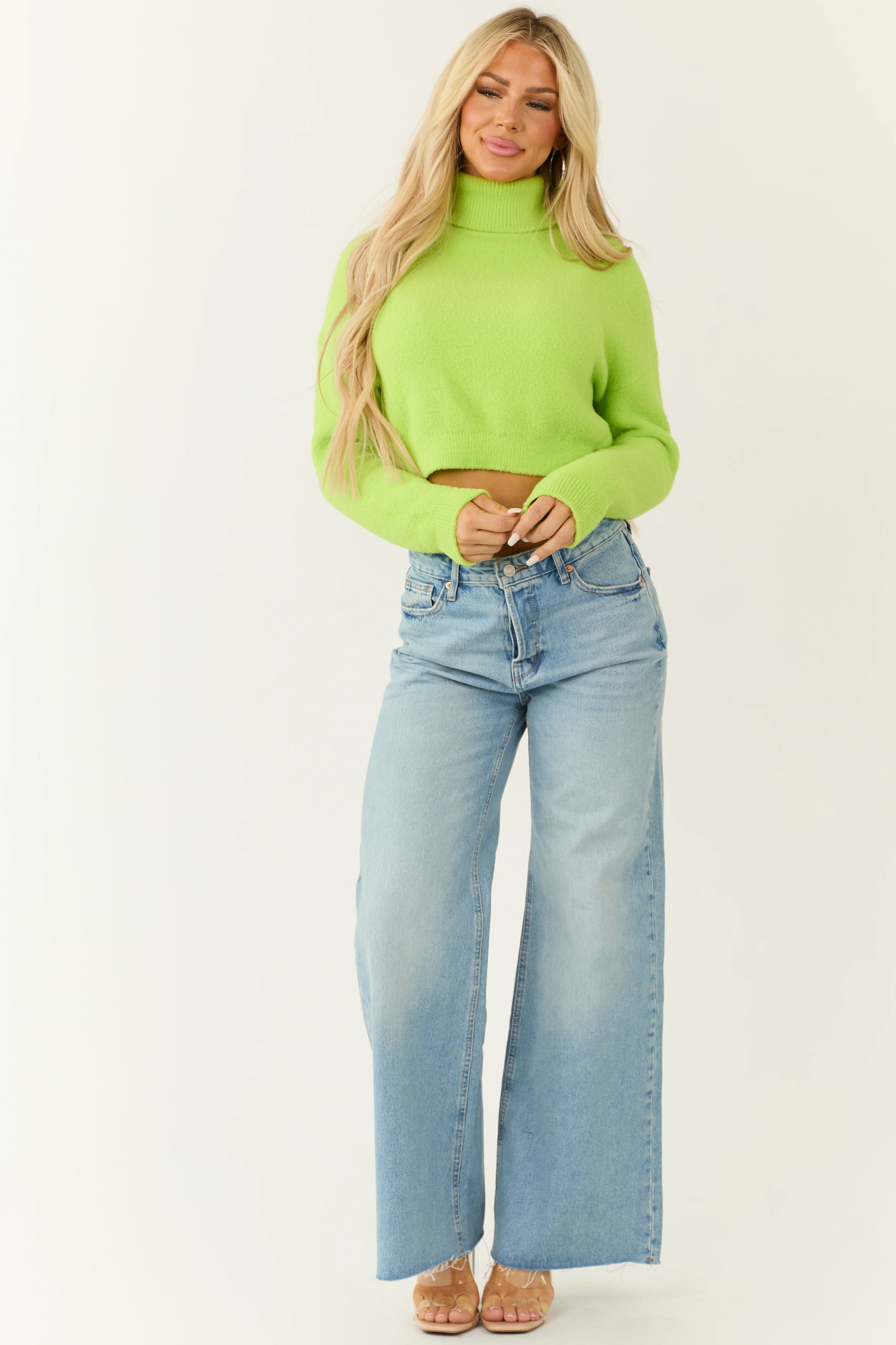 Lime Cropped Turtleneck Fuzzy Sweater - LD SALE
