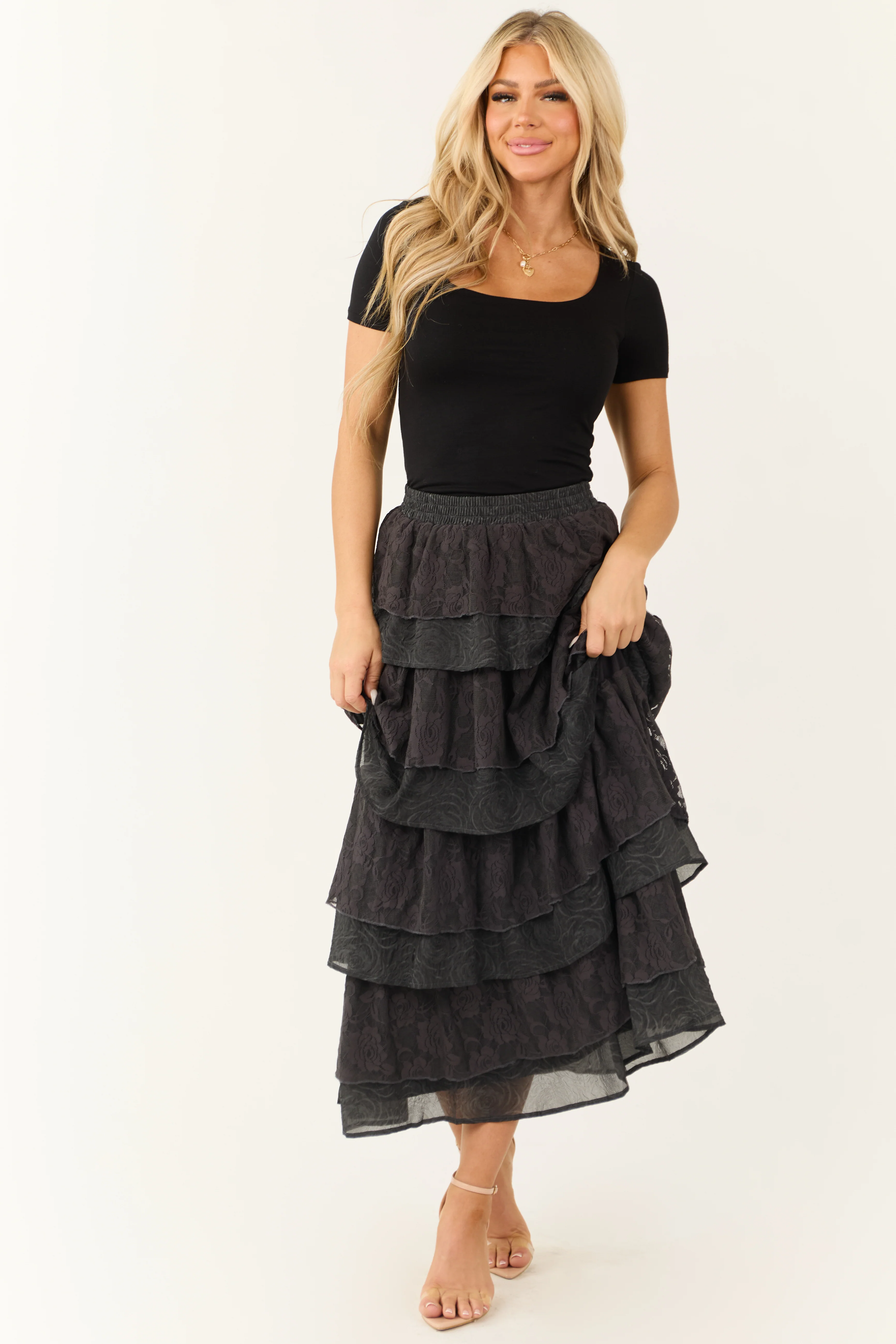 Charcoal Lace Ruffle Tiered Maxi Skirt - LD SALE