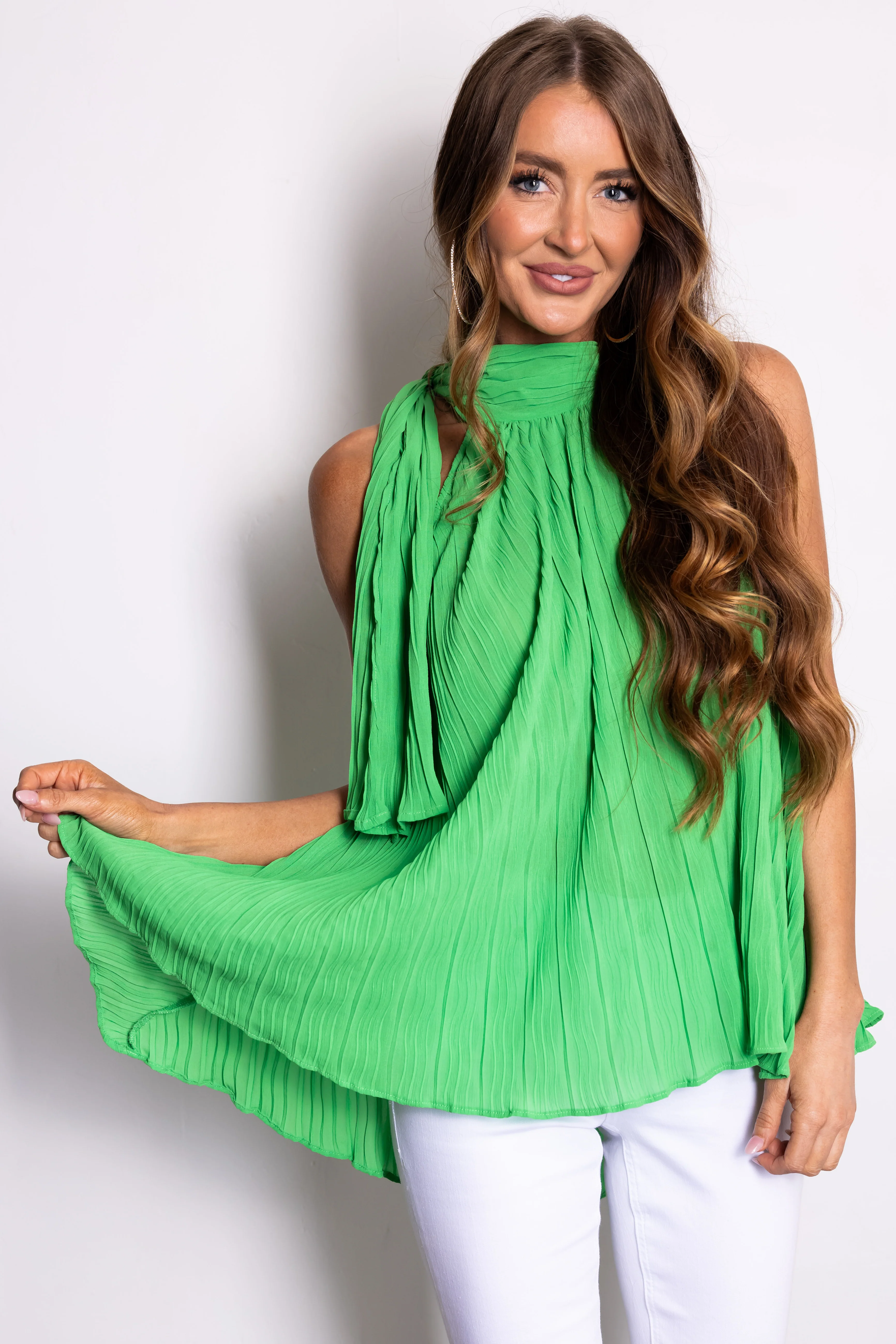Kiwi Sleeveless Neck Tie Pleated Blouse - LD SALE