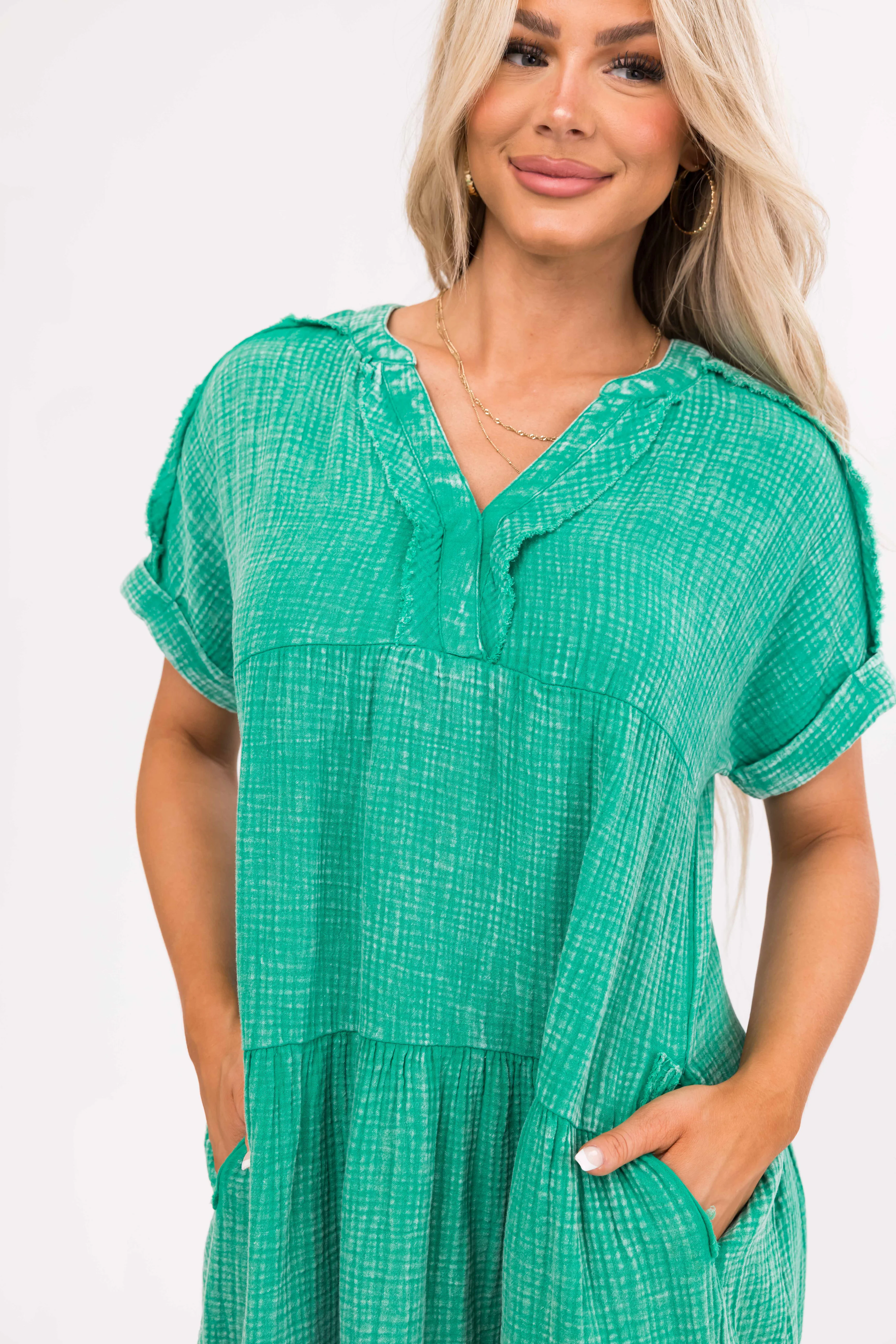 Kelly Green Washed Tiered V Neck Mini Dress - LD SALE