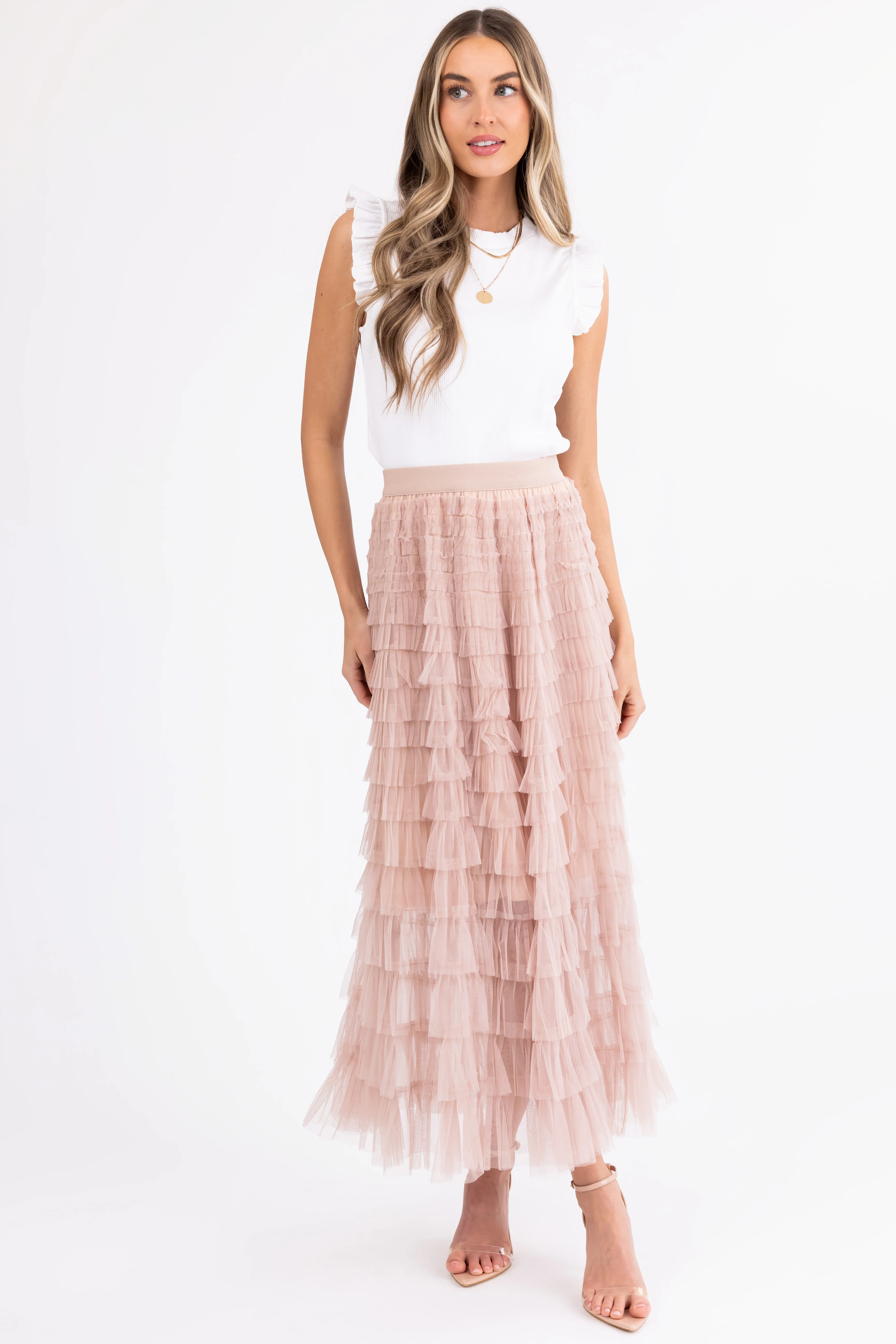 Nude Ruffle Tulle Elastic Maxi Skirt - LD SALE