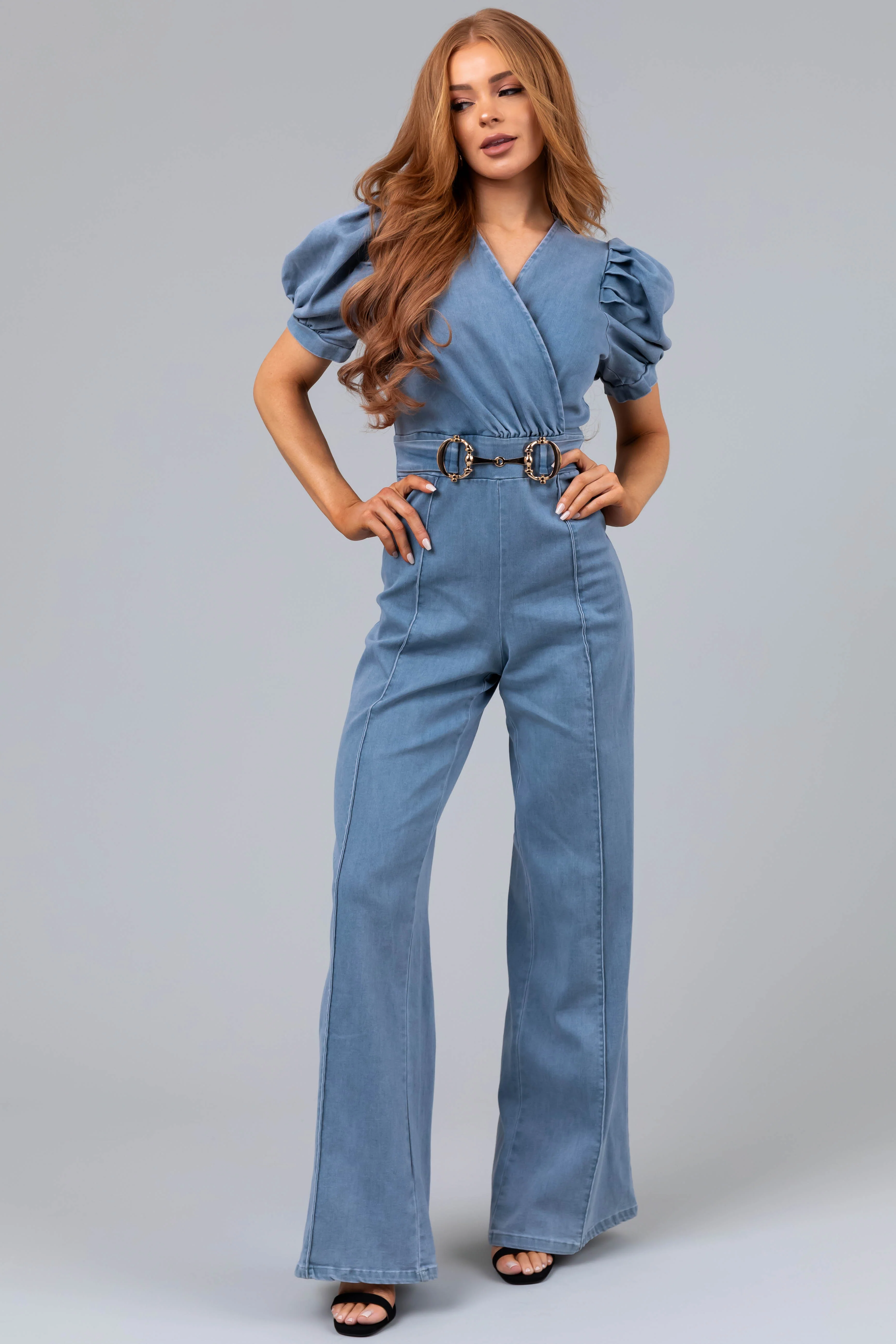 Light Denim Puff Sleeve Buckle Detail Jumpsuit - LD SALE