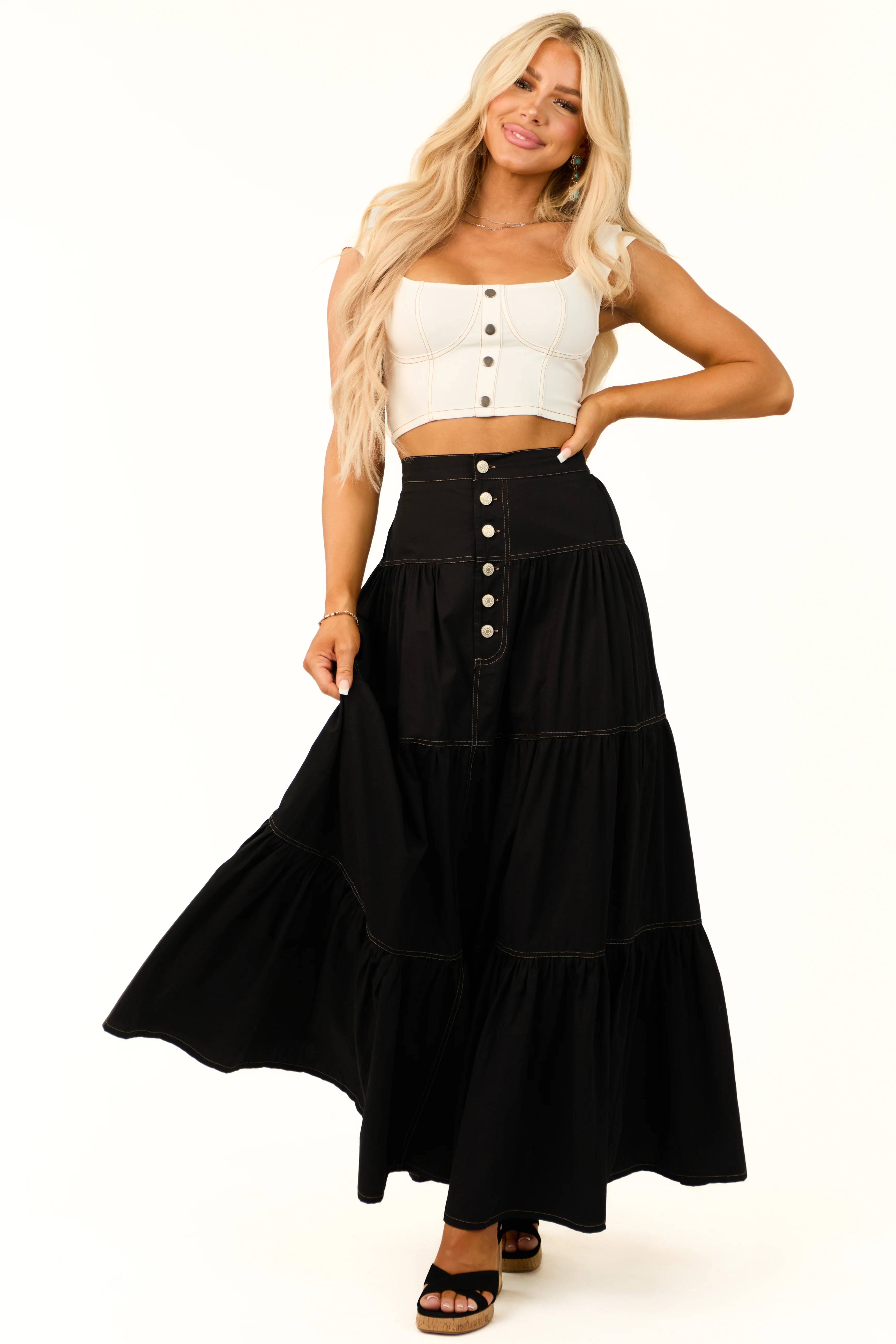 Black Tiered Seam Detail Buttoned Maxi Skirt - LD SALE