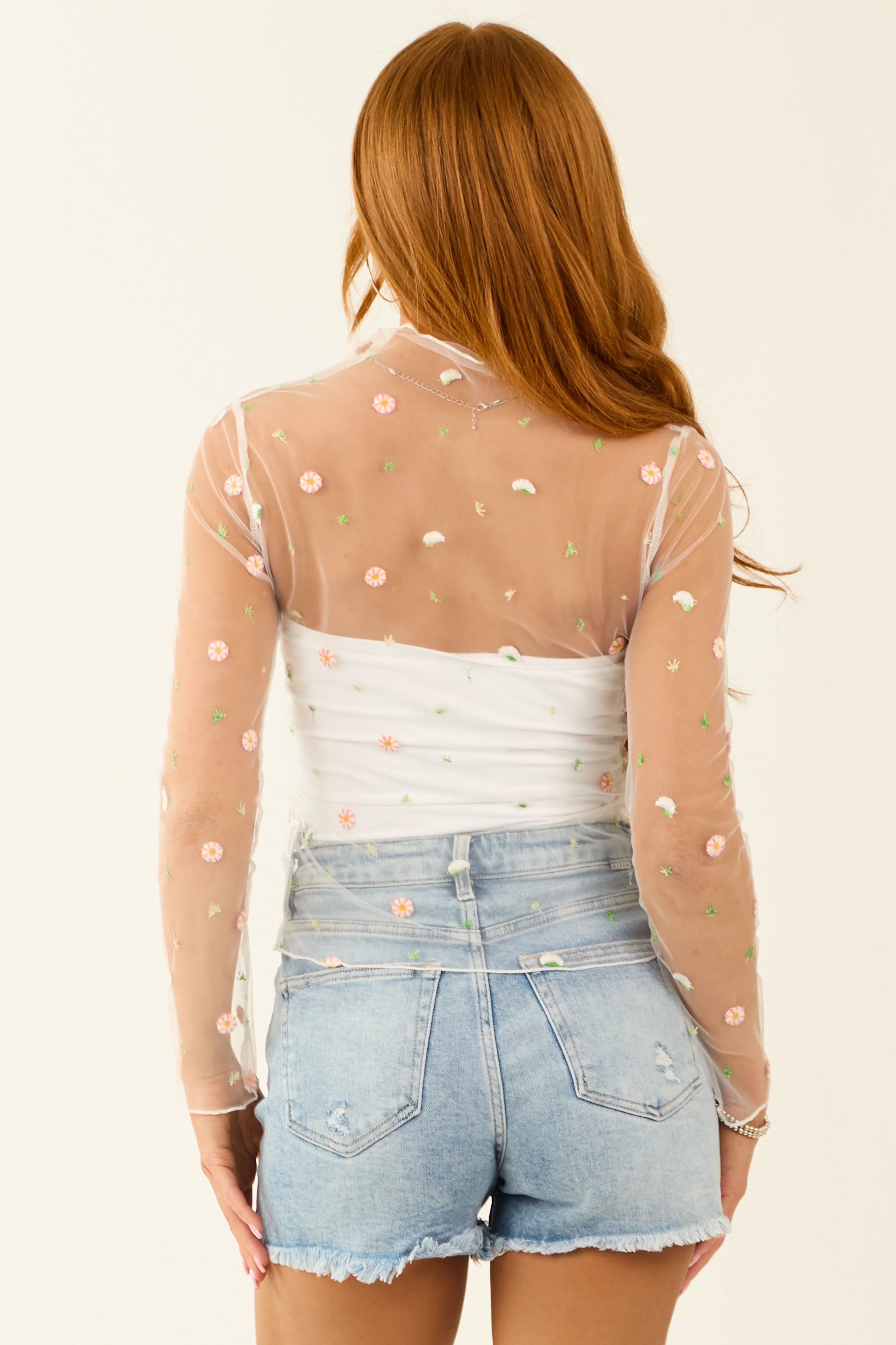White Floral Stitching Mesh Long Sleeve Top - LD SALE